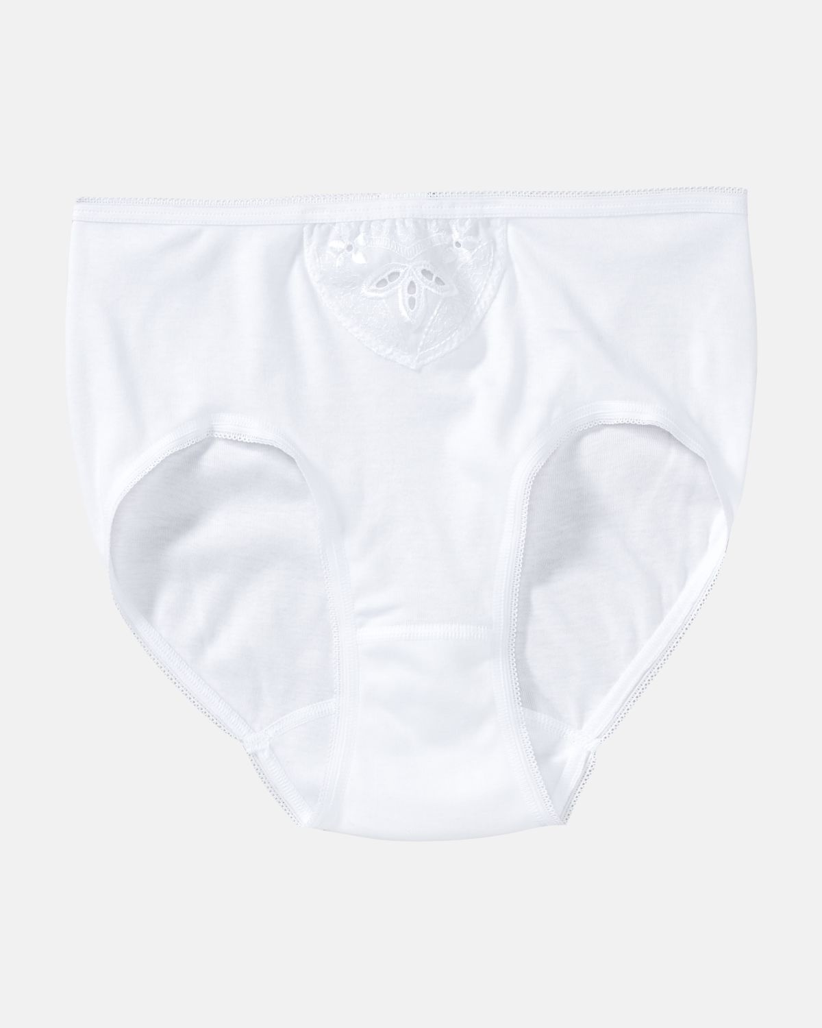 Hüftslip in weiß aus der Serie Noelle, flach auf einer Oberfläche liegend.