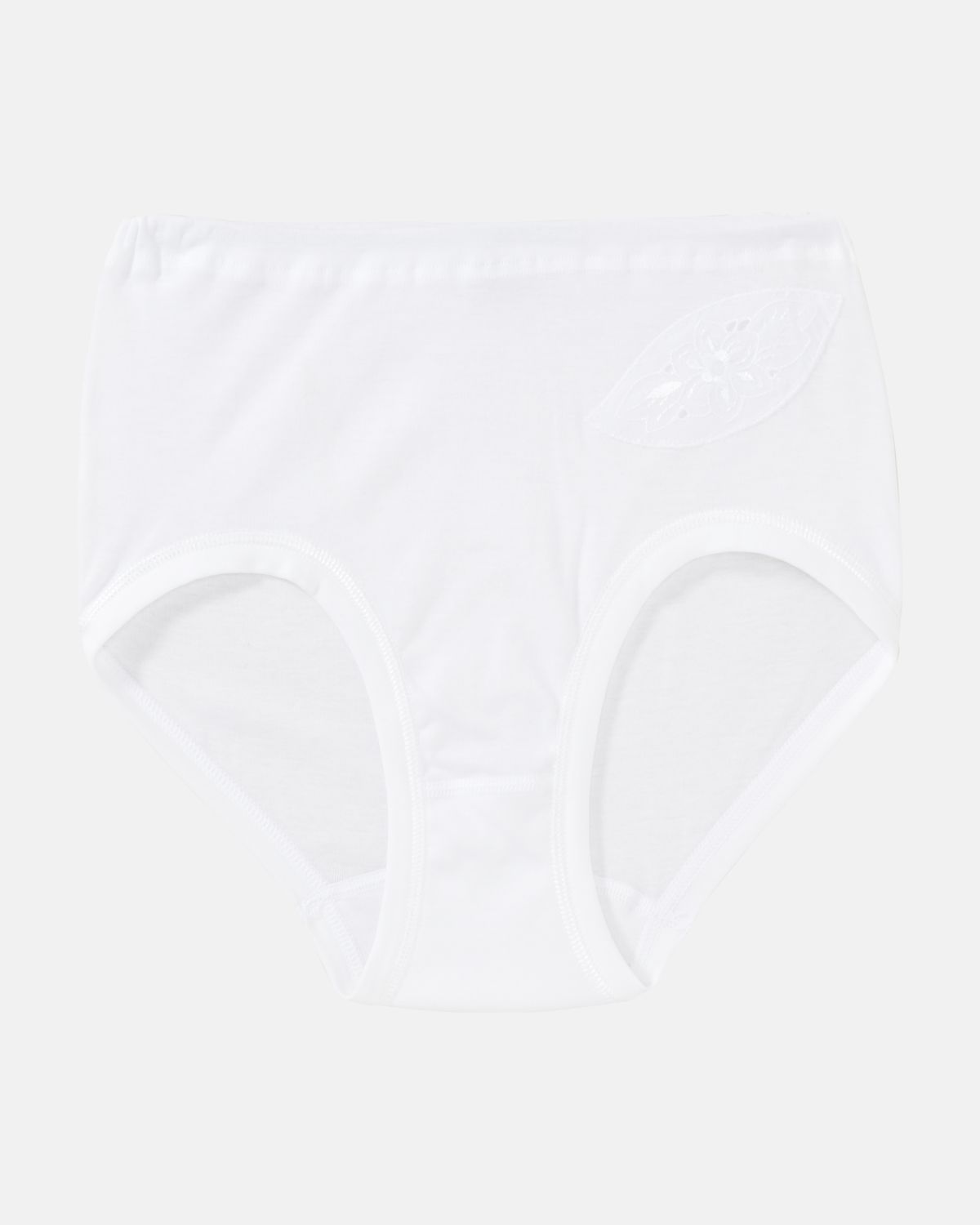 Taillenslip in weiß aus der Serie Noelle, flach auf einer Oberfläche liegend.