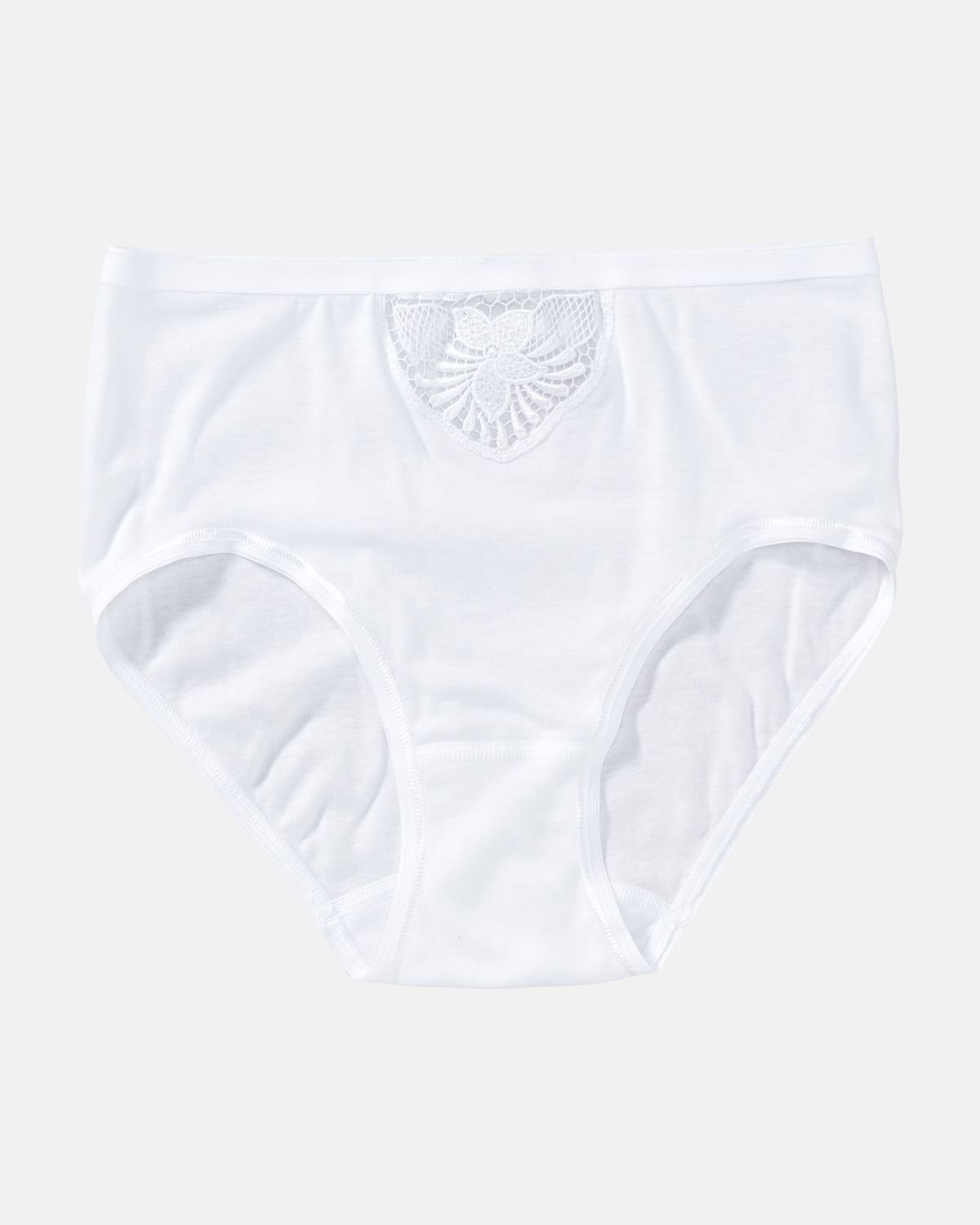 Hüftslip in weiß aus der Serie Nadja, flach auf einer Oberfläche liegend.