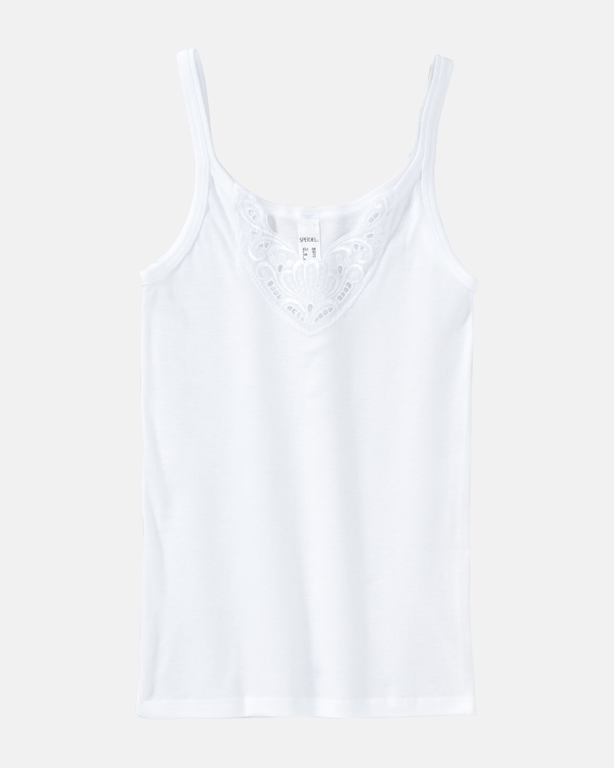 Trägerhemd in weiß aus der Serie Noelle, flach auf einer Oberfläche liegend.