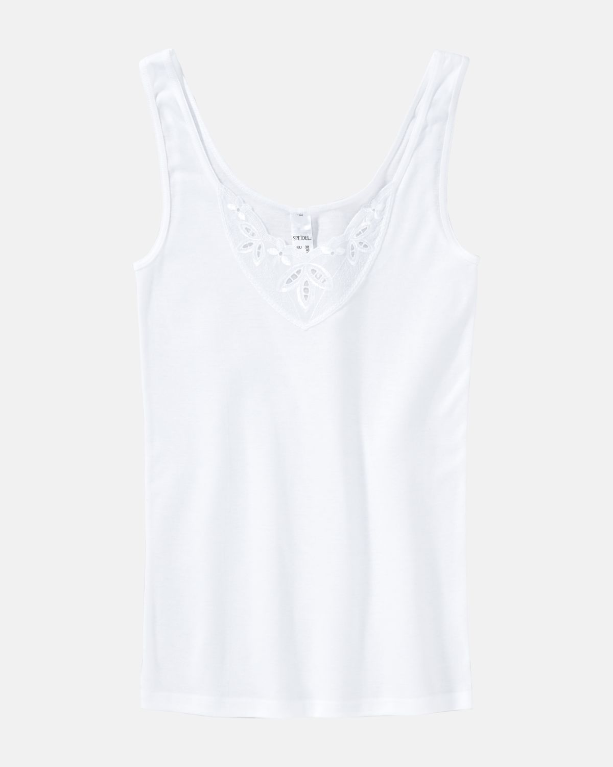 Achselhemd in weiß aus der Serie Noelle, flach auf einer Oberfläche liegend.