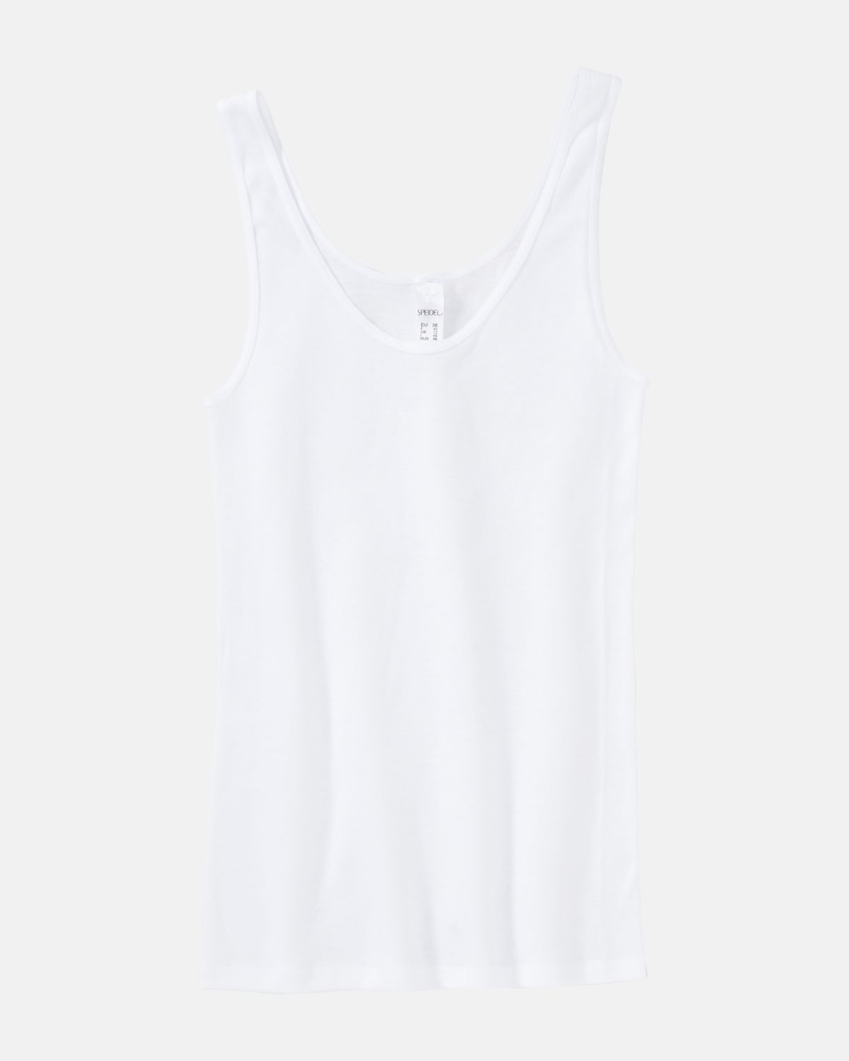 Achselhemd in weiß aus der Serie Nelly, flach auf einer Oberfläche liegend.