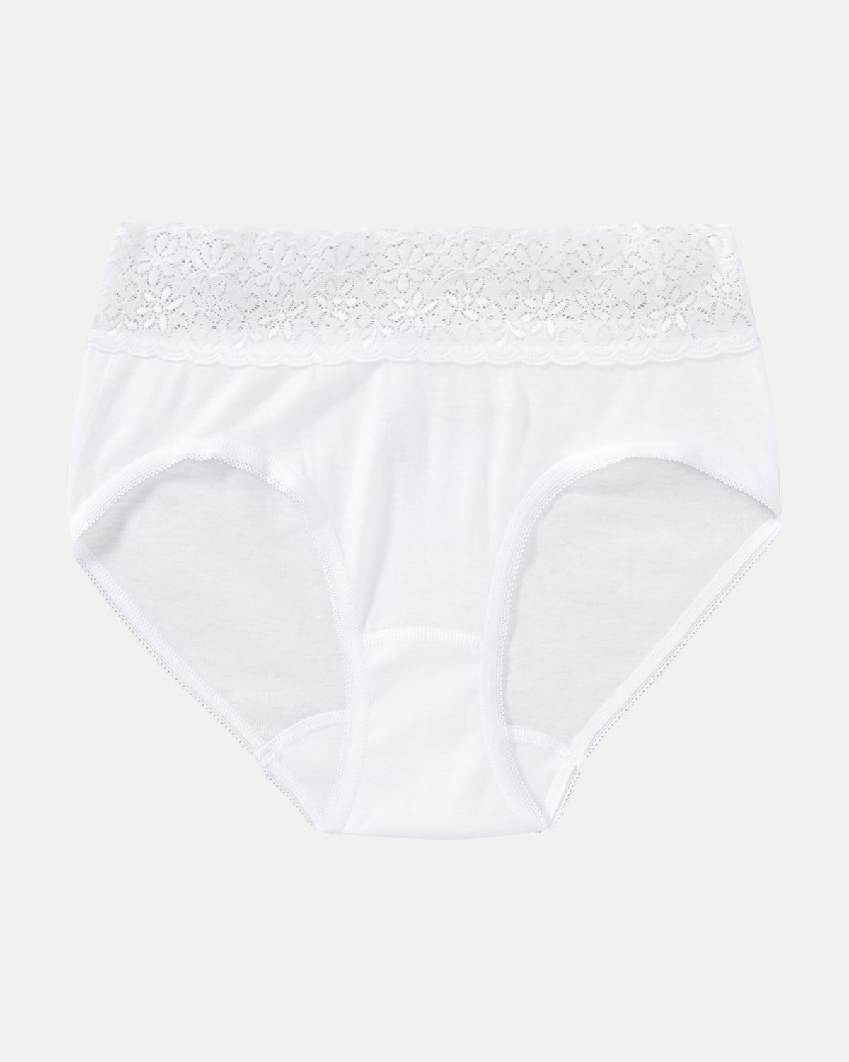 Hüftslip in weiß aus der Serie Natalie, flach auf einer Oberfläche liegend.