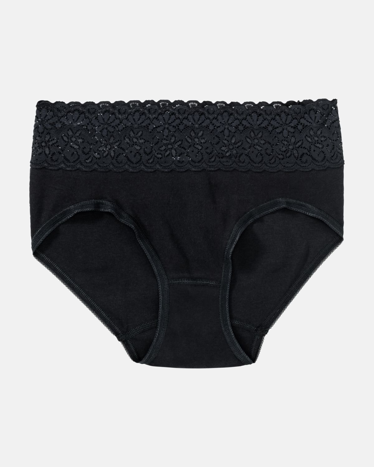 Hüftslip in schwarz aus der Serie Natalie, flach auf einer Oberfläche liegend.