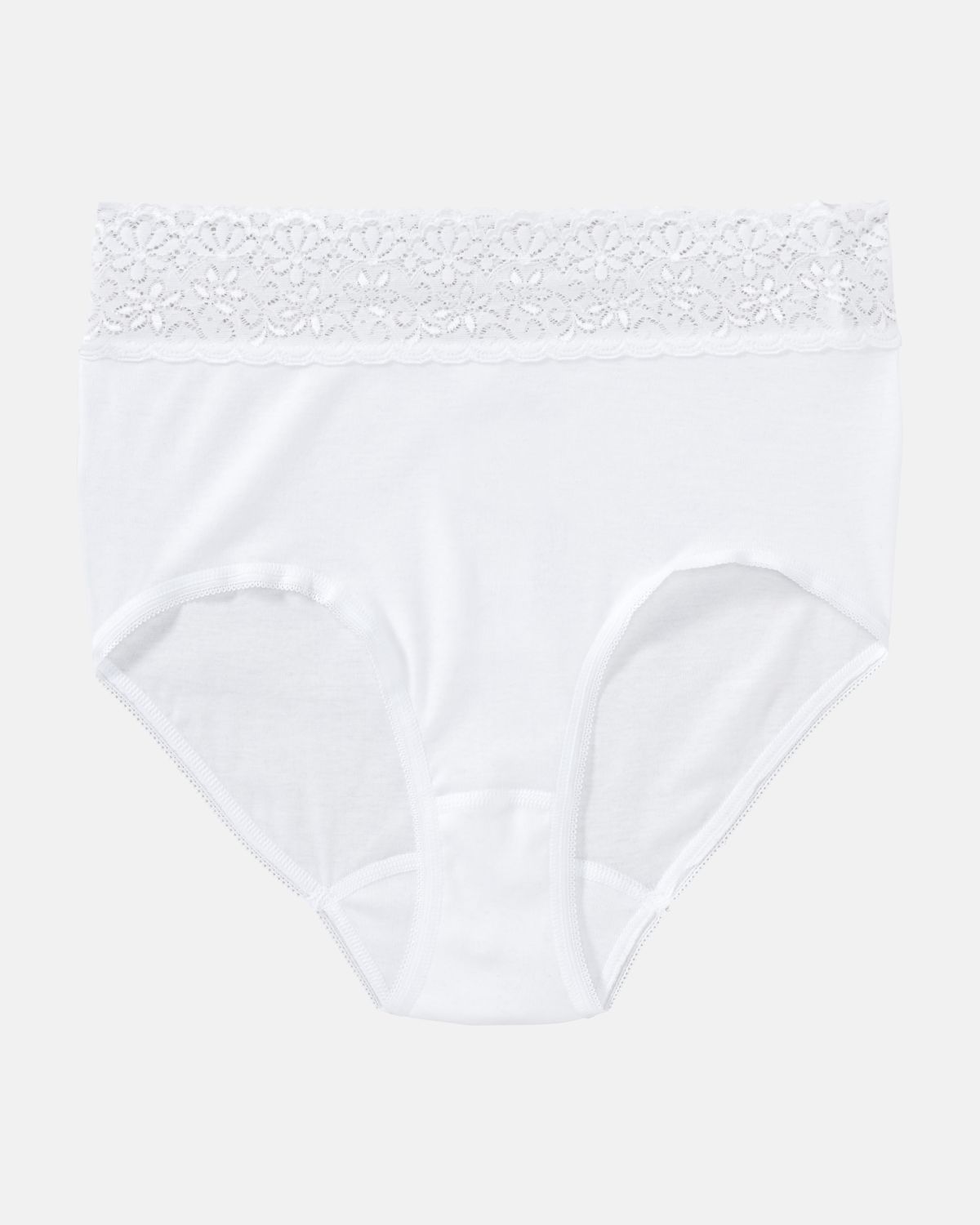 Taillenslip in weiß aus der Serie Natalie, flach auf einer Oberfläche liegend.