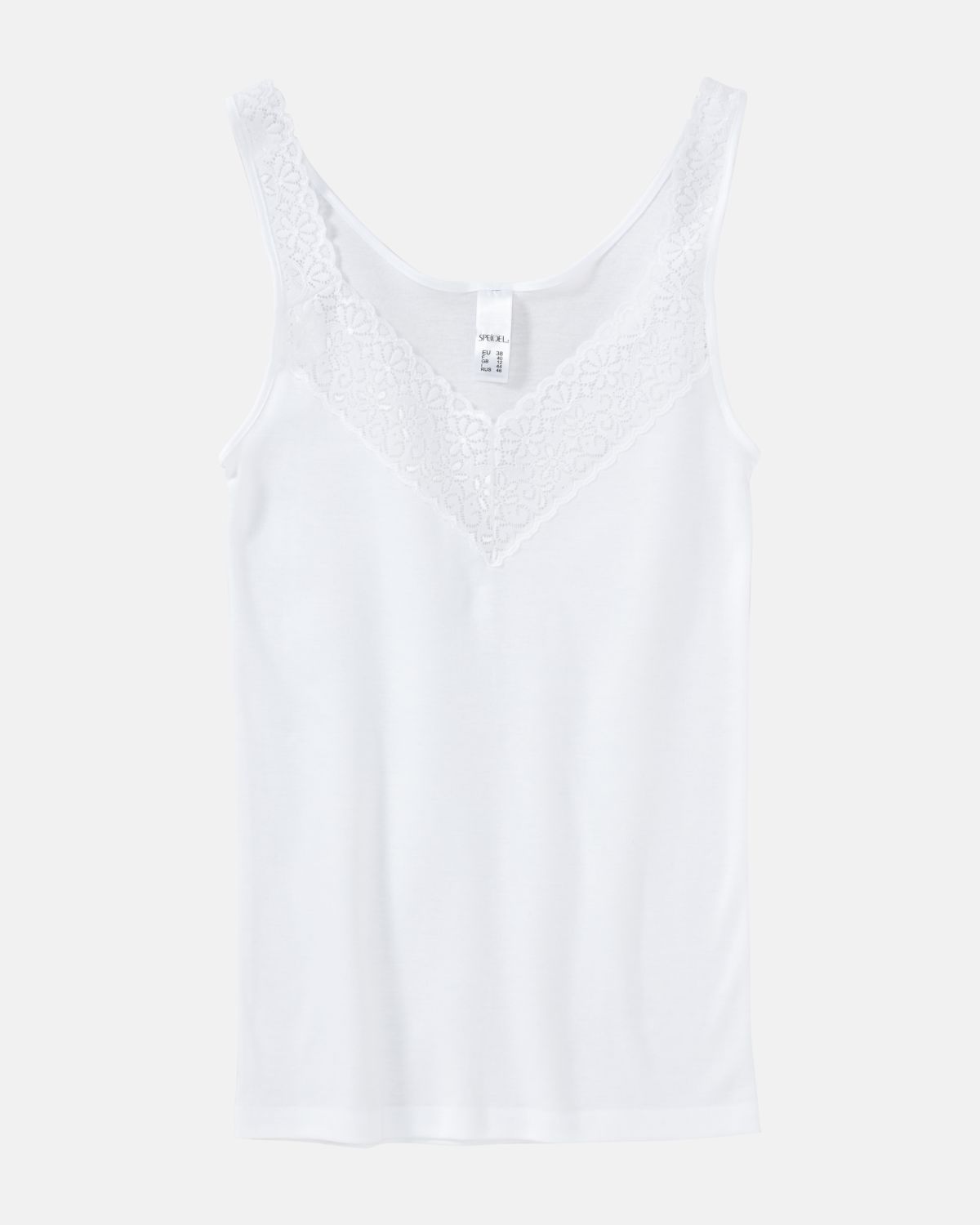 Achselhemd in weiß aus der Serie Natalie, flach auf einer Oberfläche liegend.