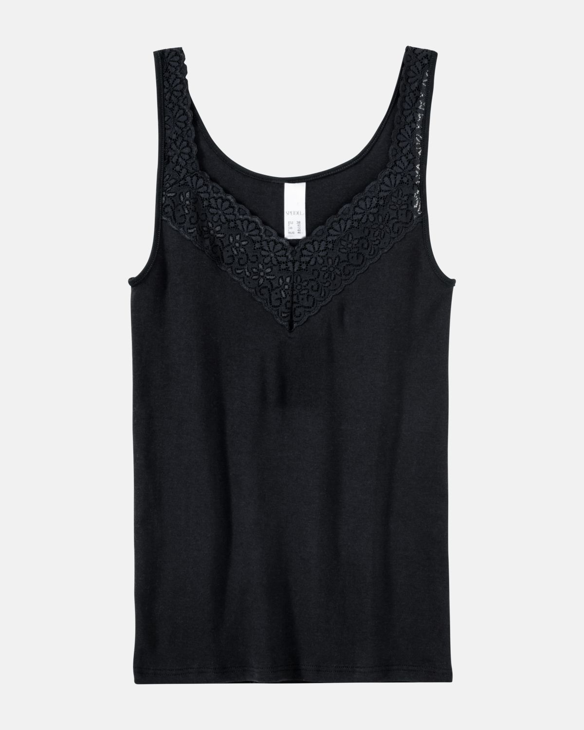 Achselhemd in schwarz aus der Serie Natalie, flach auf einer Oberfläche liegend.