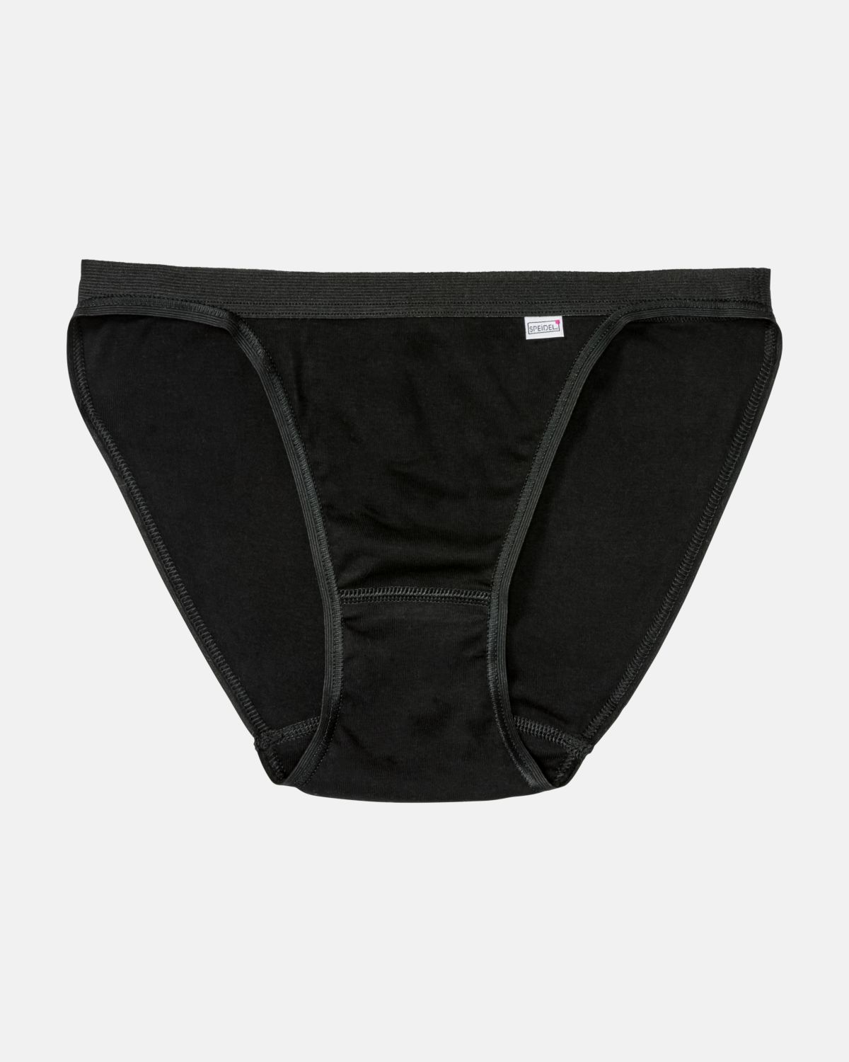 Tanga in schwarz aus der Serie Britta, flach auf einer Oberfläche liegend.