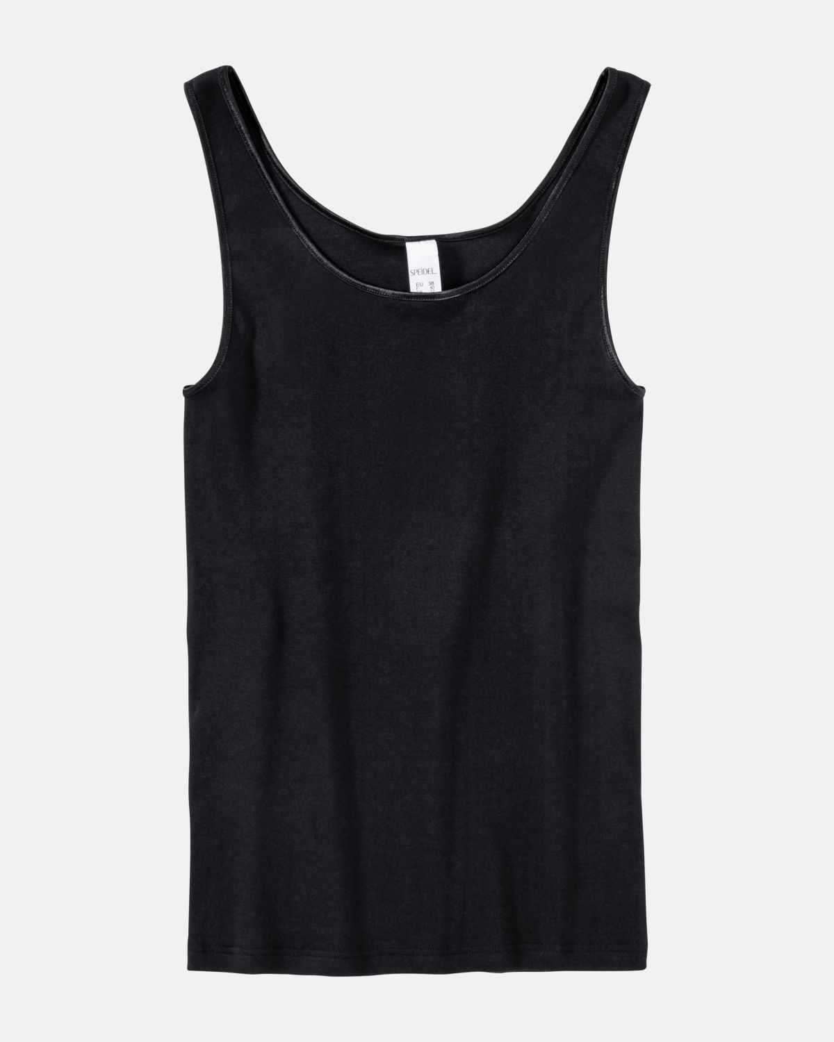 Achselhemd in schwarz aus der Serie Natascha, flach auf einer Oberfläche liegend.