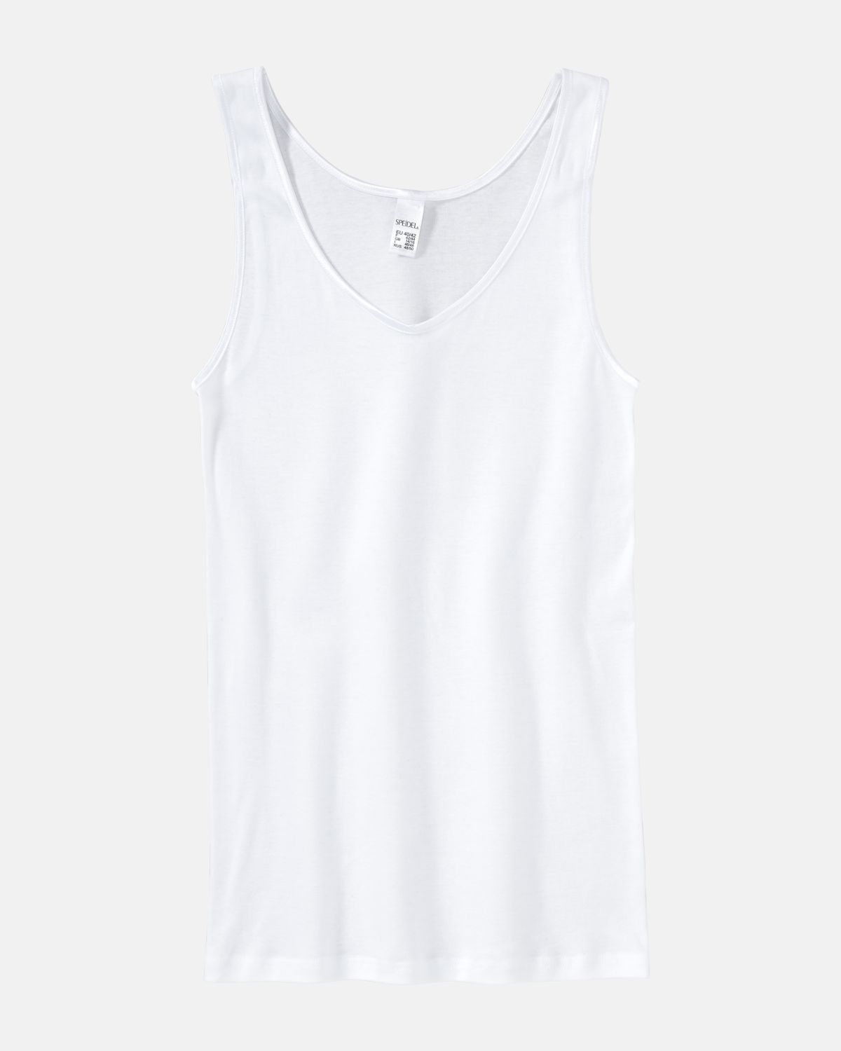 Achselhemd in weiß aus der Serie Lingerie Plus, flach auf einer Oberfläche liegend.