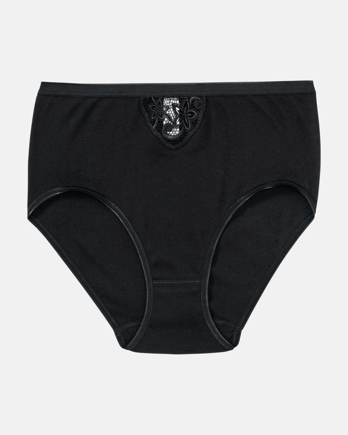 Maxislip in schwarz aus der Serie Lingerie Plus, flach auf einer Oberfläche liegend.