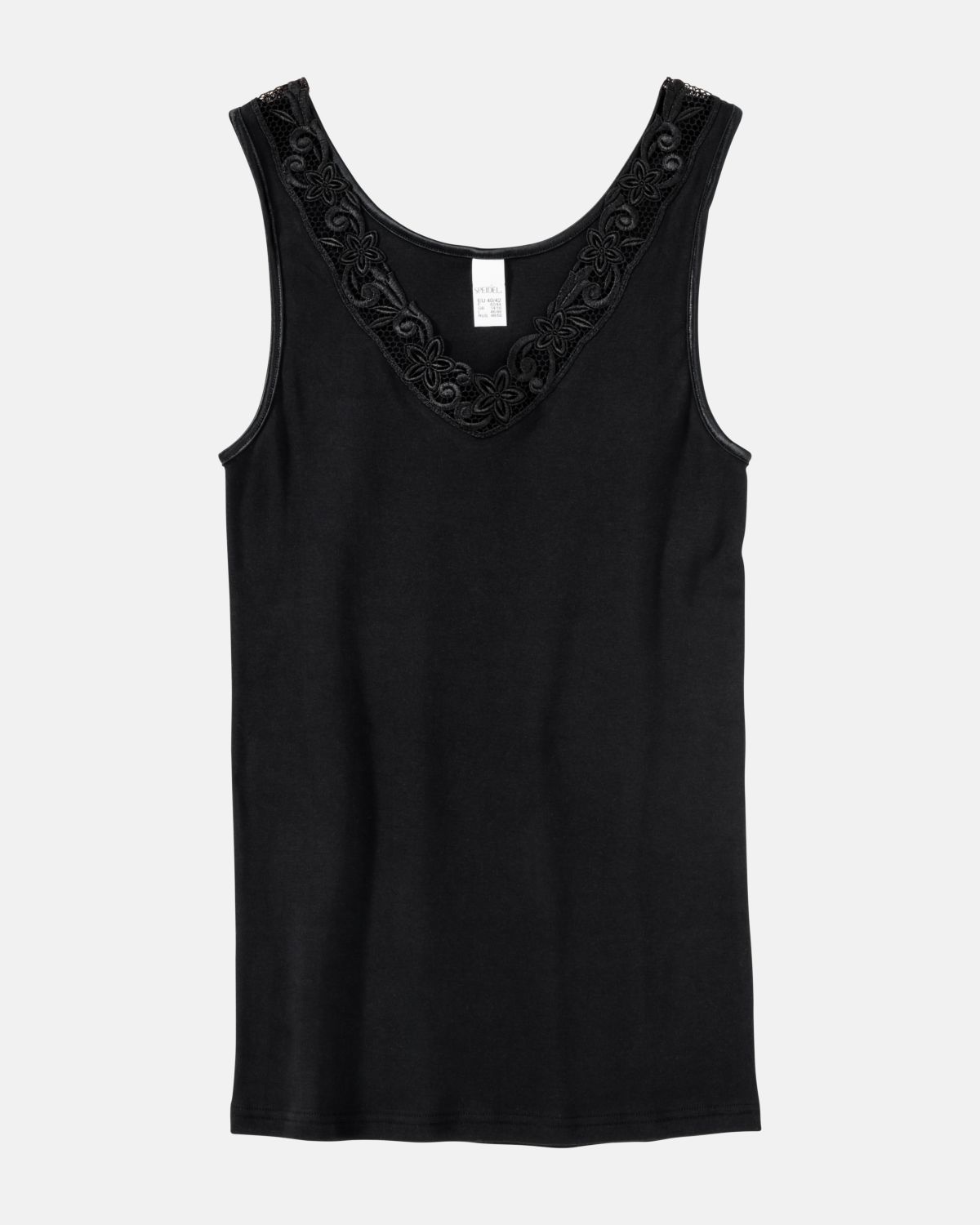 Achselhemd in schwarz aus der Serie Lingerie Plus, flach auf einer Oberfläche liegend.