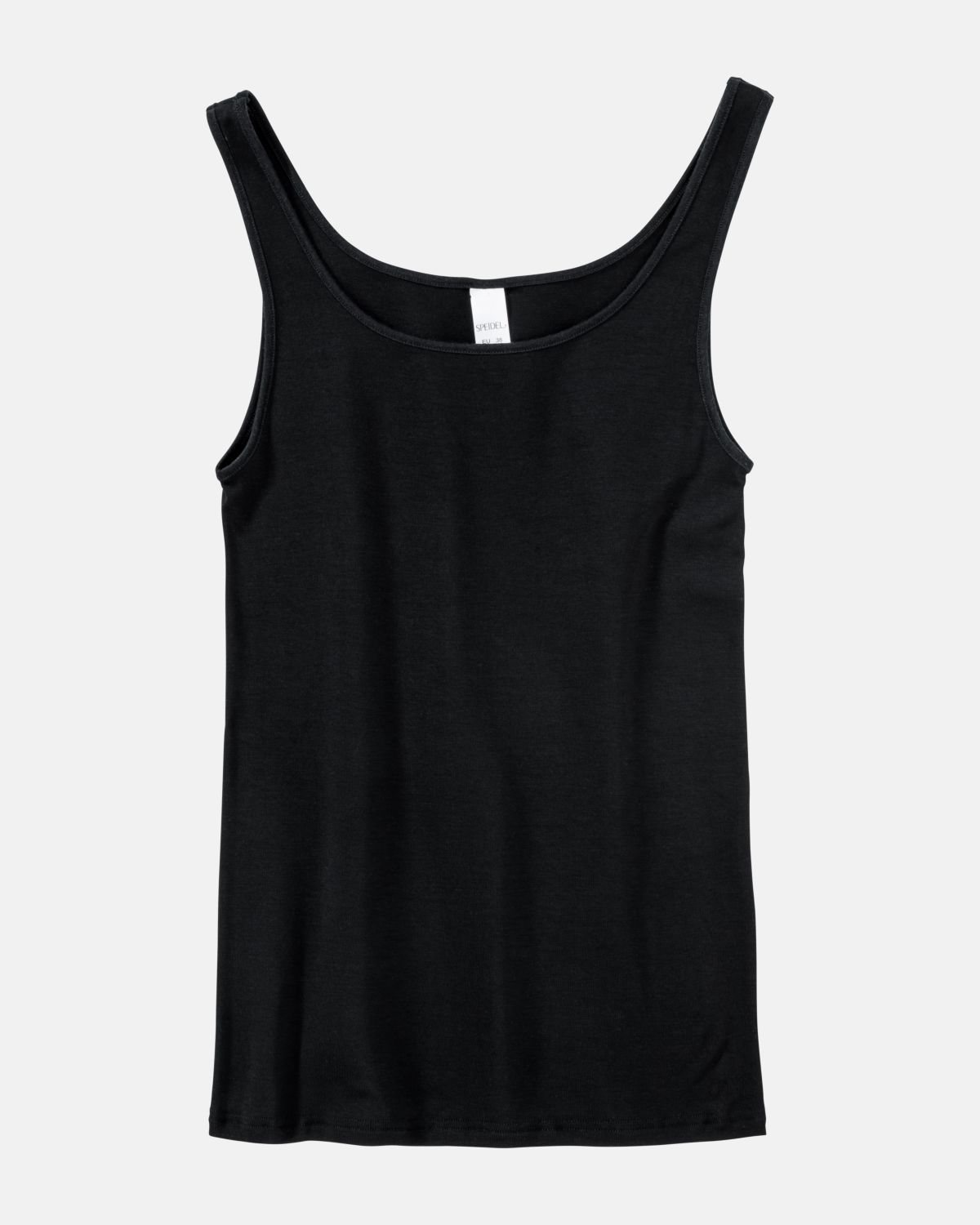 Achselhemd in schwarz aus der Serie Nadine, flach auf einer Oberfläche liegend.