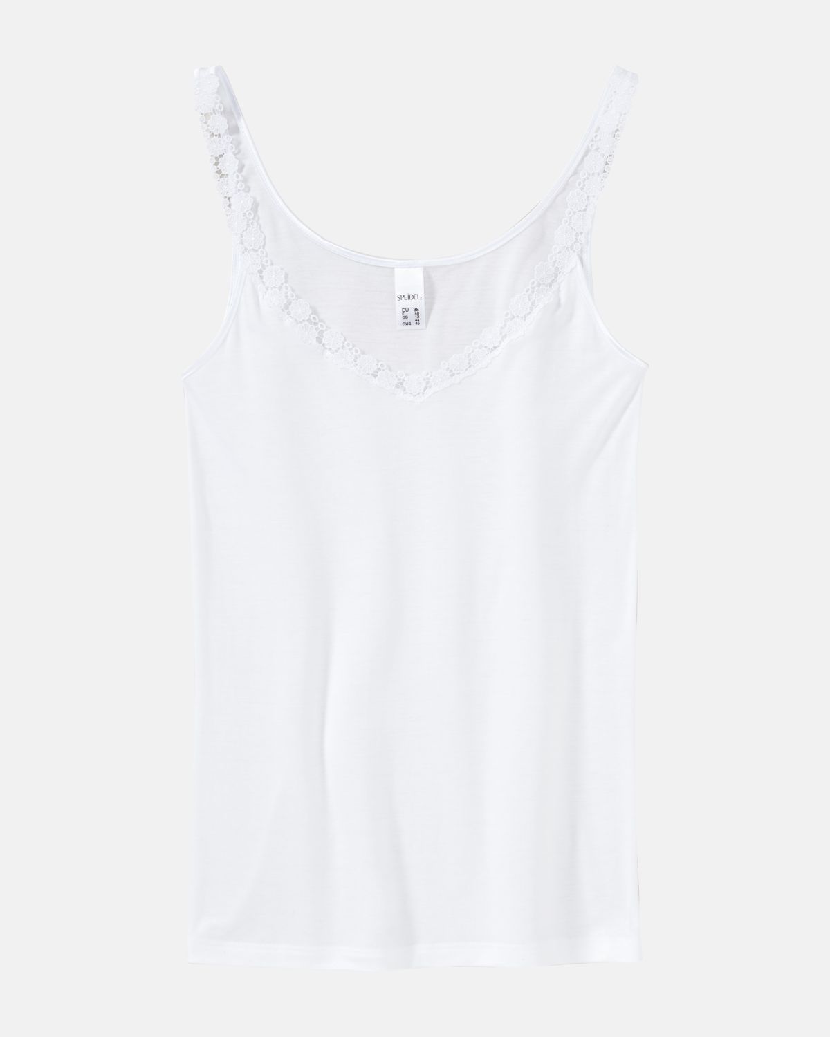 Trägerhemd in weiß aus der Serie Nadine, flach auf einer Oberfläche liegend.