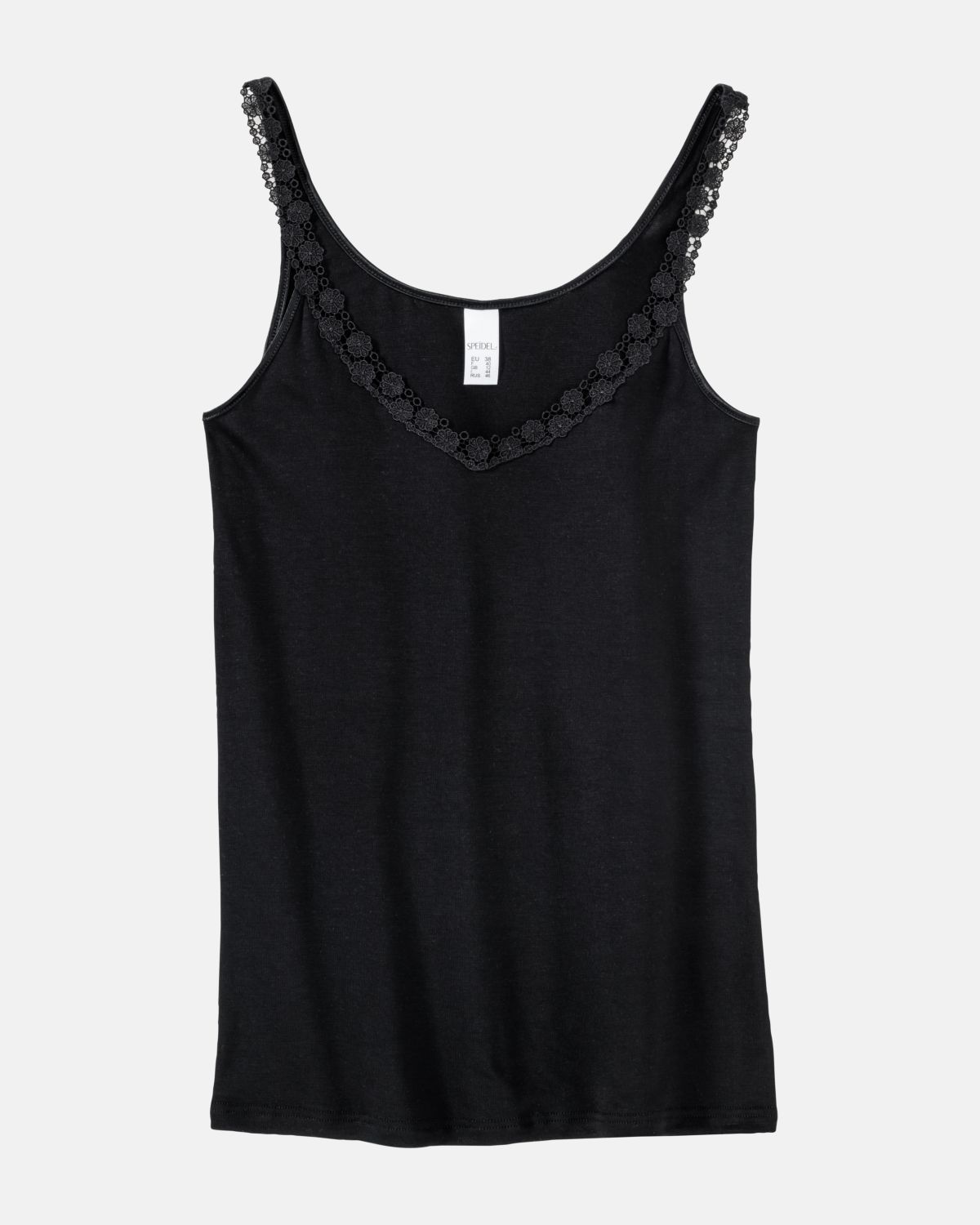 Trägerhemd in schwarz aus der Serie Nadine, flach auf einer Oberfläche liegend.