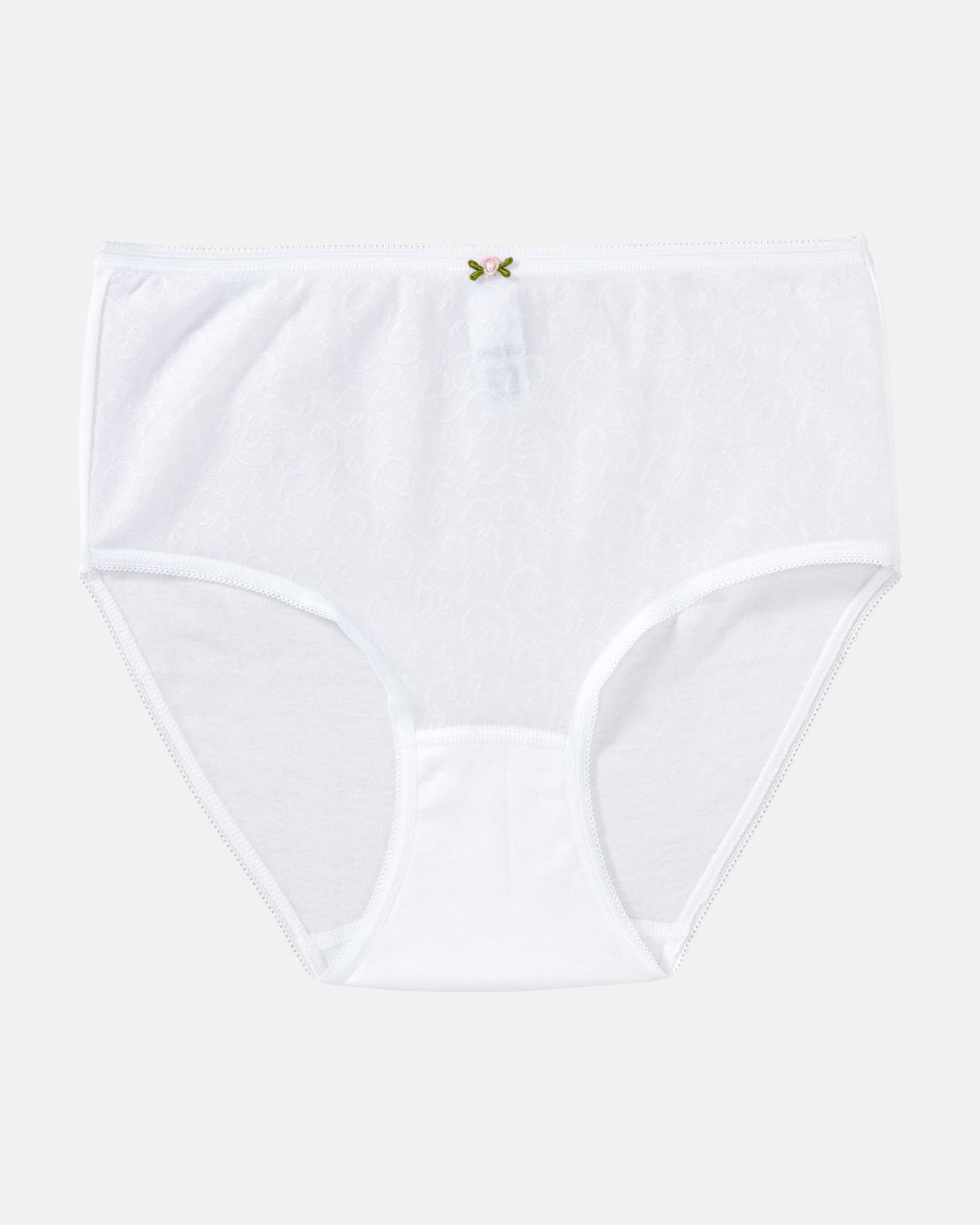 Taillenslip in weiß aus der Serie Britta, flach auf einer Oberfläche liegend.