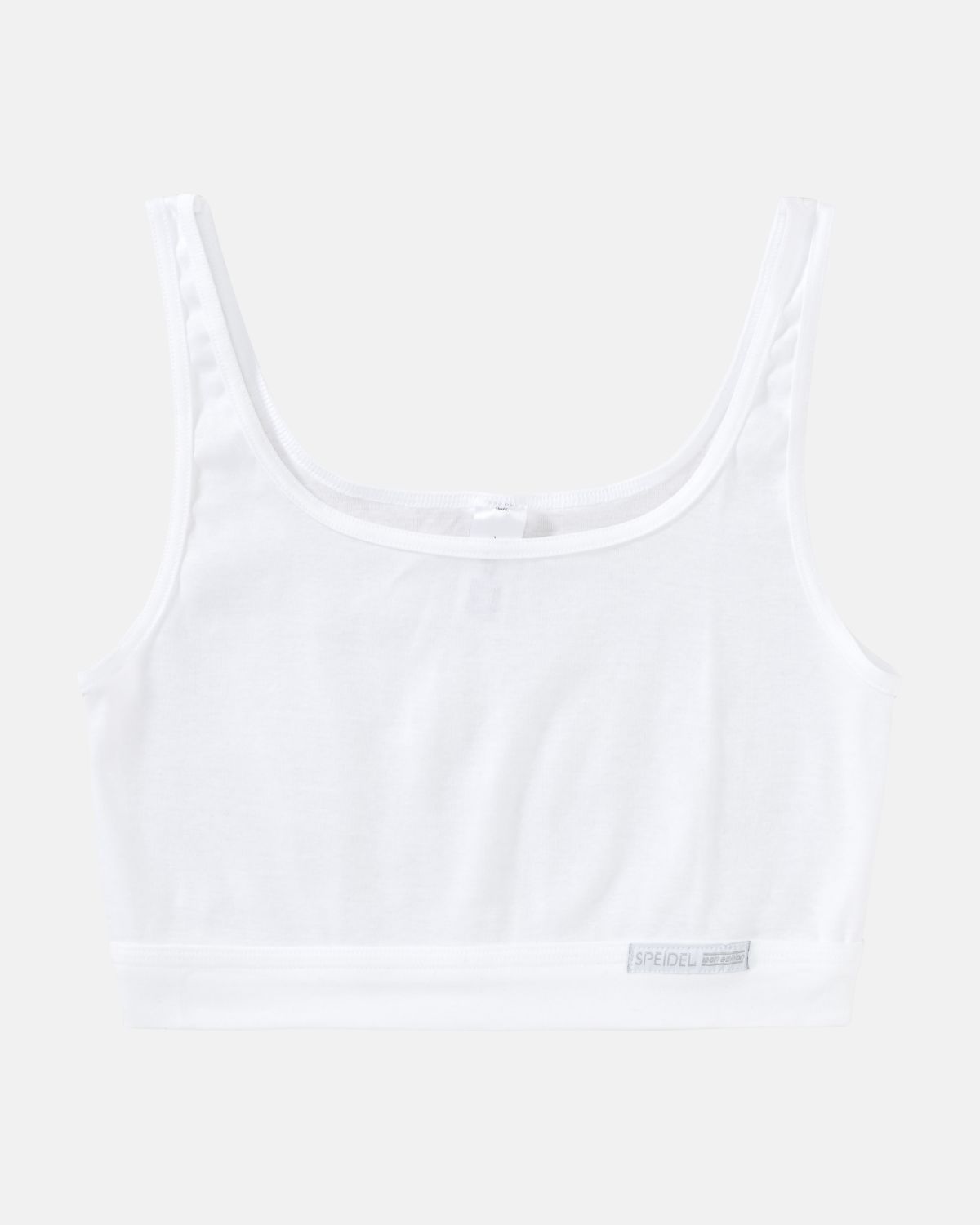 Trägerbustier in weiß aus der Serie Bio Cotton, flach auf einer Oberfläche liegend.