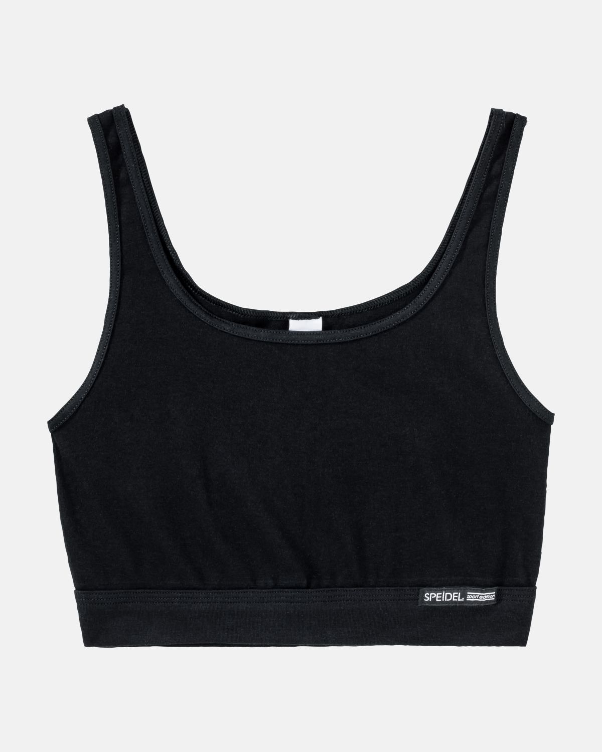 Trägerbustier in schwarz aus der Serie Bio Cotton, flach auf einer Oberfläche liegend.