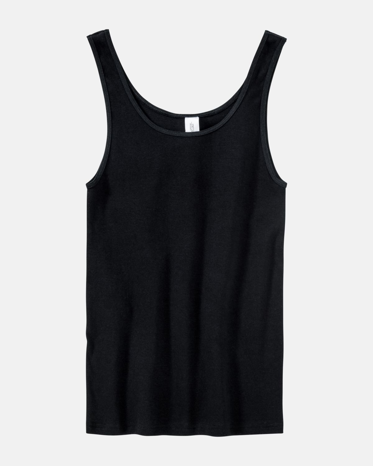 Achselhemd in schwarz aus der Serie Bio Cotton, flach auf einer Oberfläche liegend.