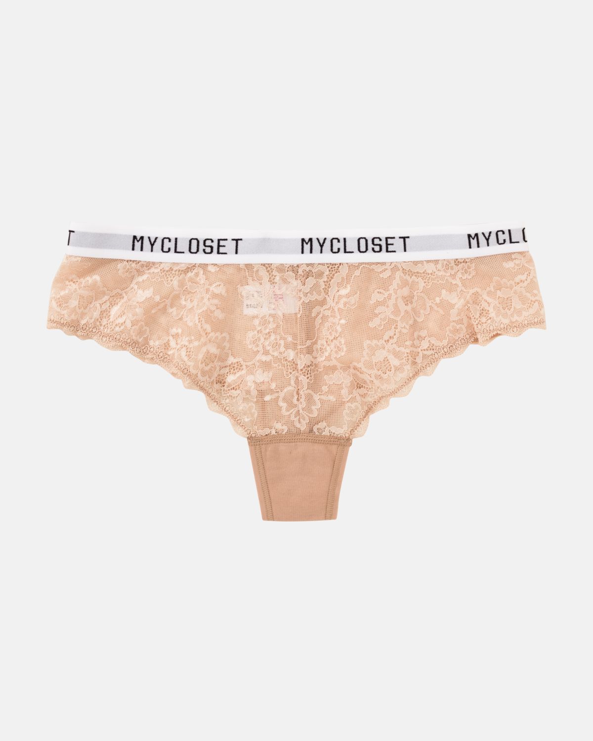 Brazilstring in caramel aus der Serie Logo Lover, flach auf einer Oberfläche liegend.