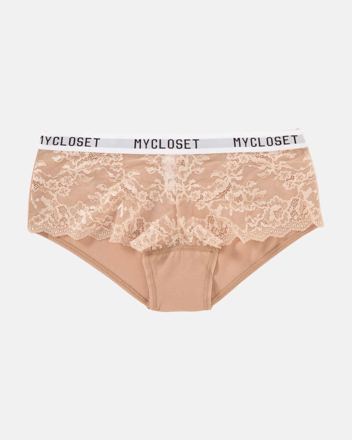 Hip Pant in caramel aus der Serie Logo Lover, flach auf einer Oberfläche liegend.