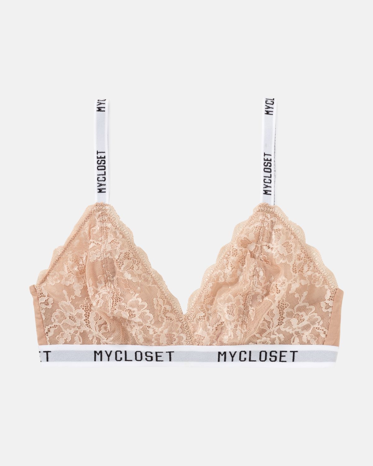 Bralette in caramel aus der Serie Logo Lover, flach auf einer Oberfläche liegend.