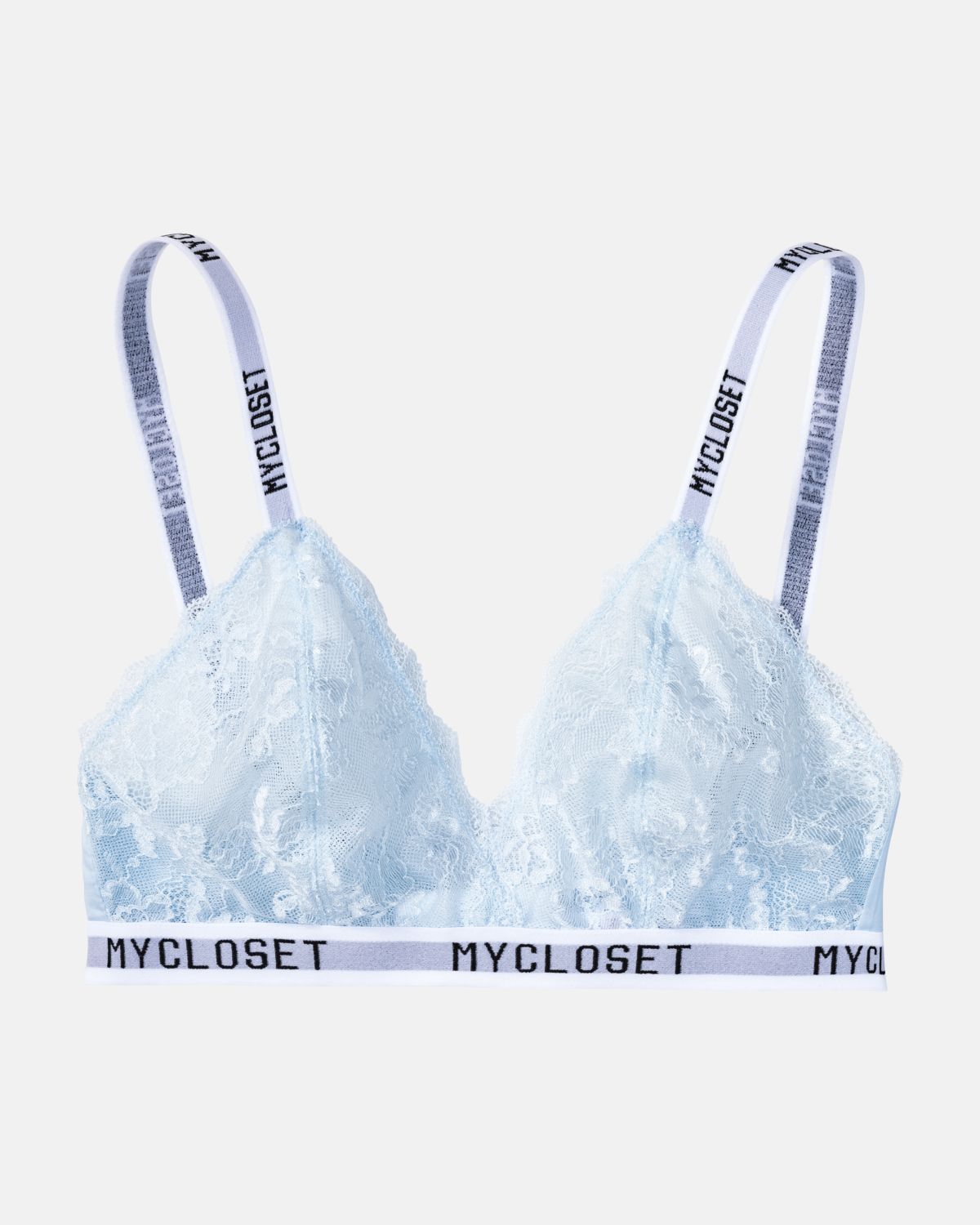 Bralette in aquamarin aus der Serie Logo Lover, flach auf einer Oberfläche liegend.