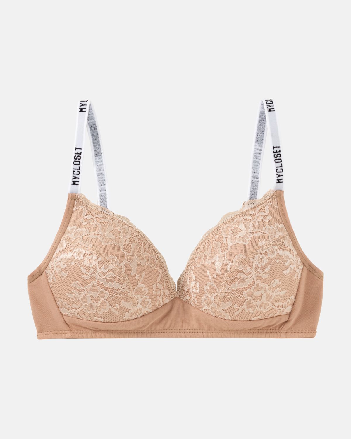 Schalen BH Triangle in caramel aus der Serie Logo Lover, flach auf einer Oberfläche liegend.