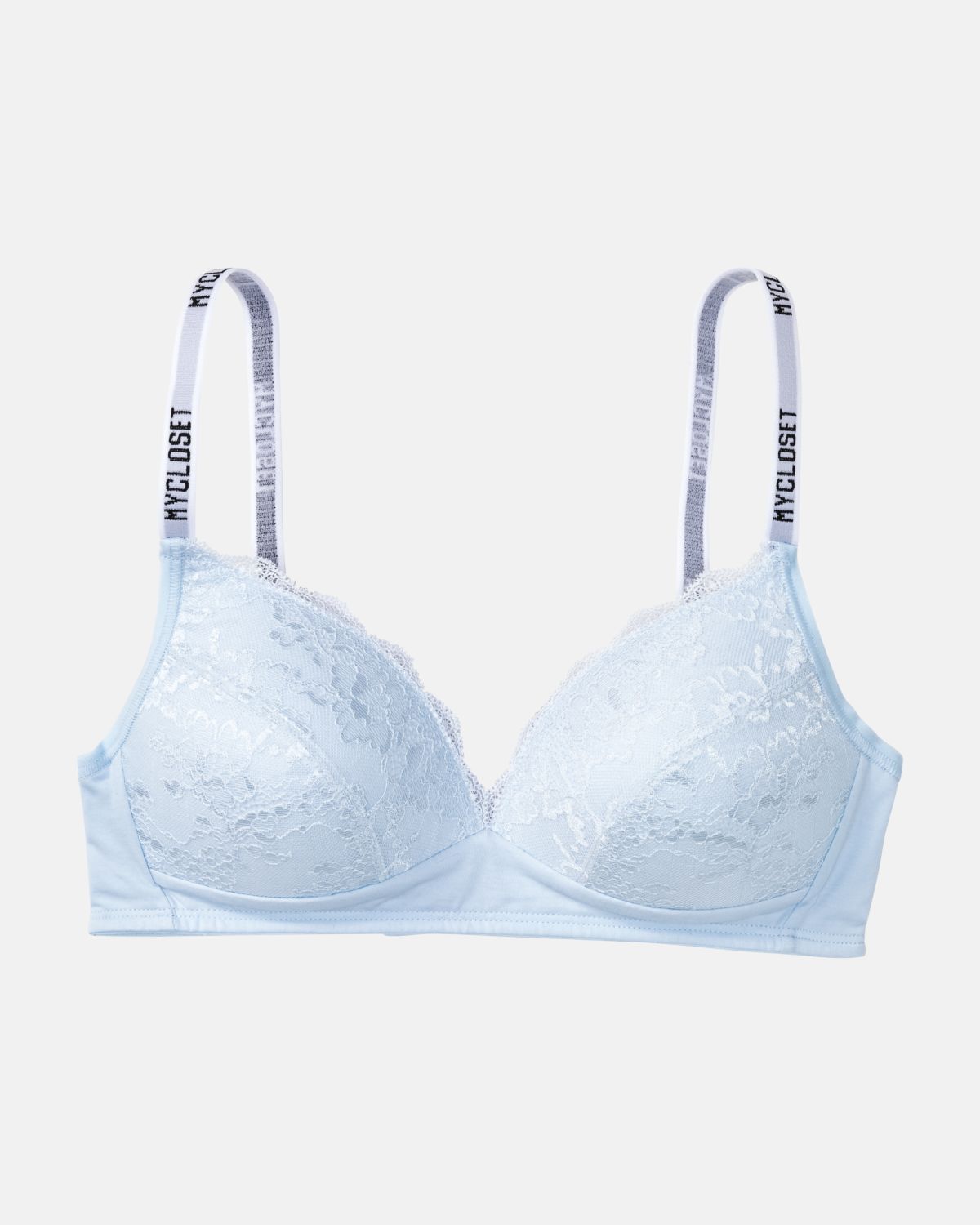 Schalen BH Triangle in aquamarin aus der Serie Logo Lover, flach auf einer Oberfläche liegend.