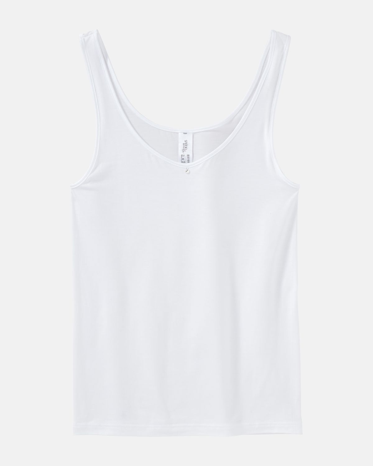 Achselhemd in weiß aus der Serie Sensuelle, flach auf einer Oberfläche liegend.