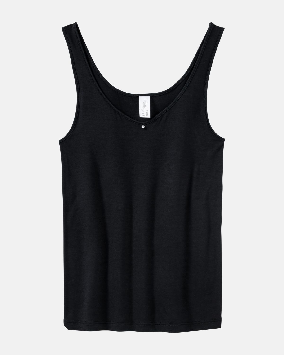 Achselhemd in schwarz aus der Serie Sensuelle, flach auf einer Oberfläche liegend.