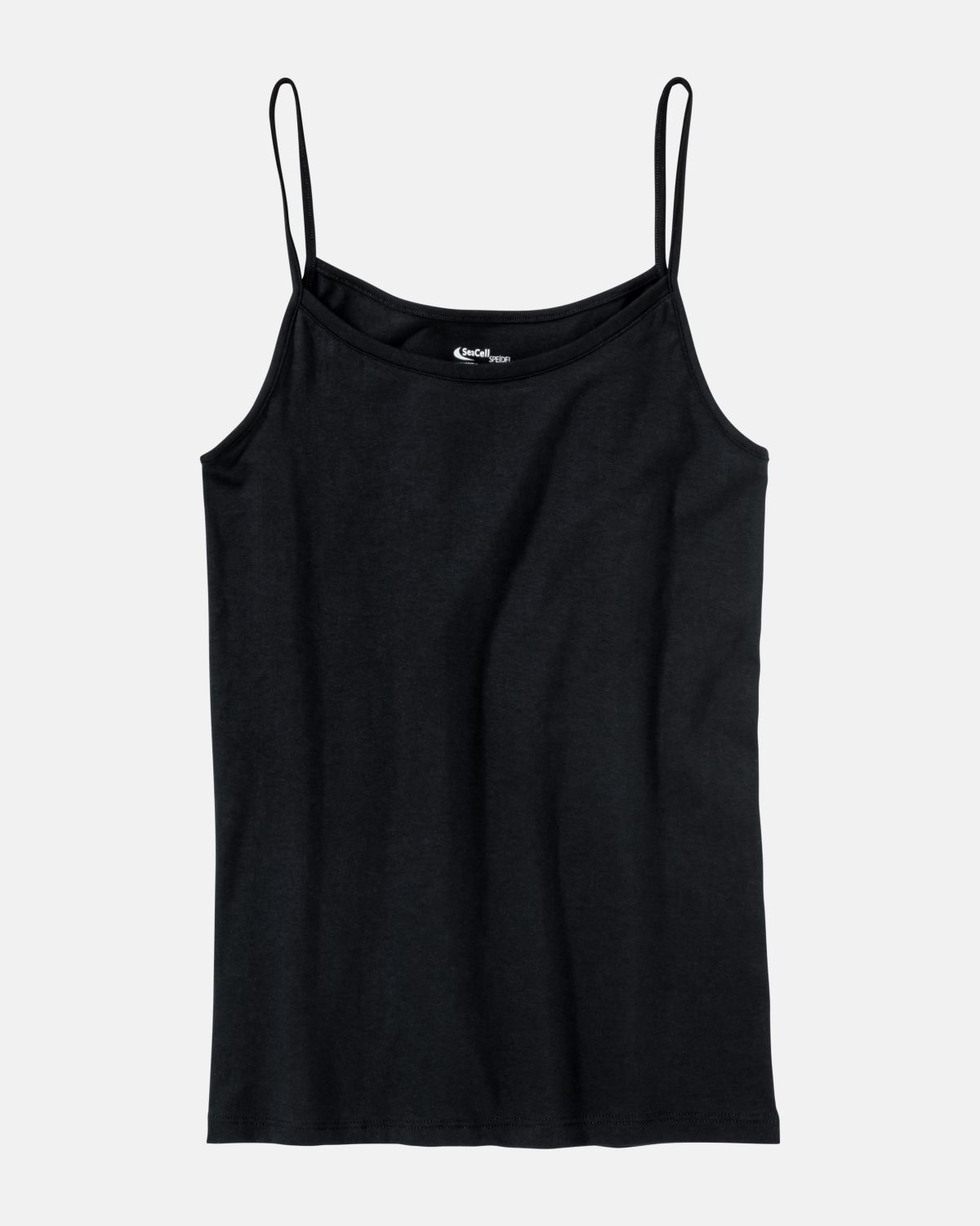 Spaghettitop in schwarz aus der Serie Natural Beauty, flach auf einer Oberfläche liegend.