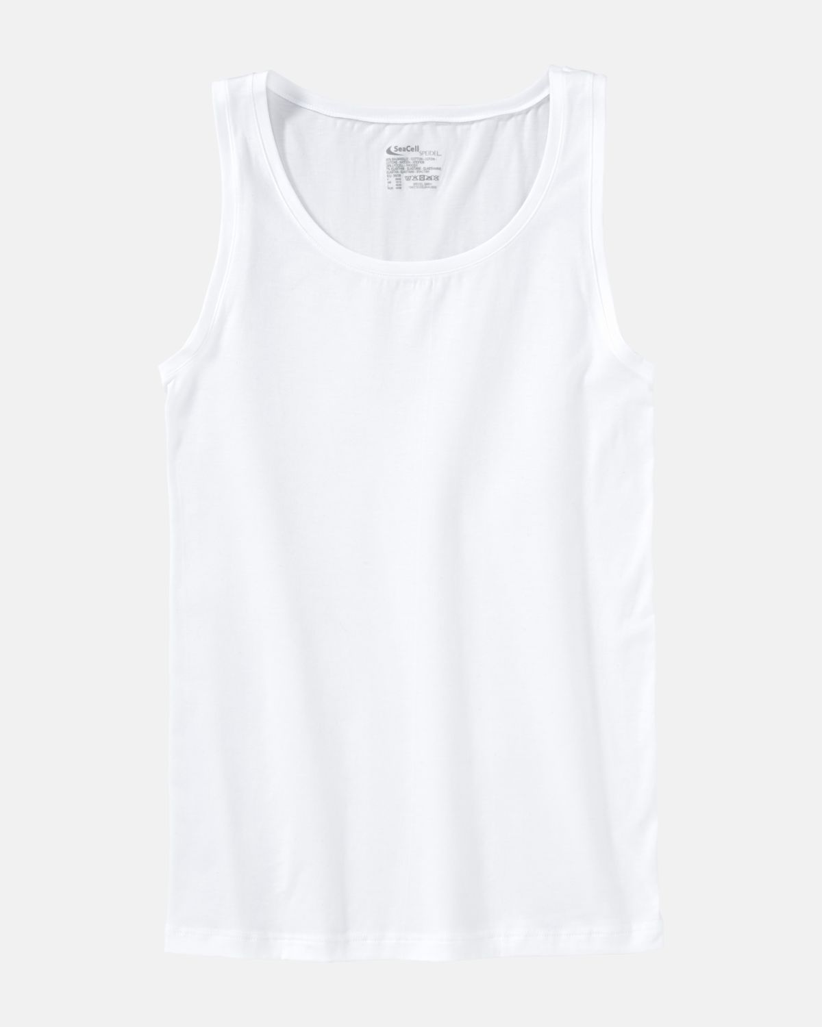 Achseltop in off white aus der Serie Natural Beauty, flach auf einer Oberfläche liegend.