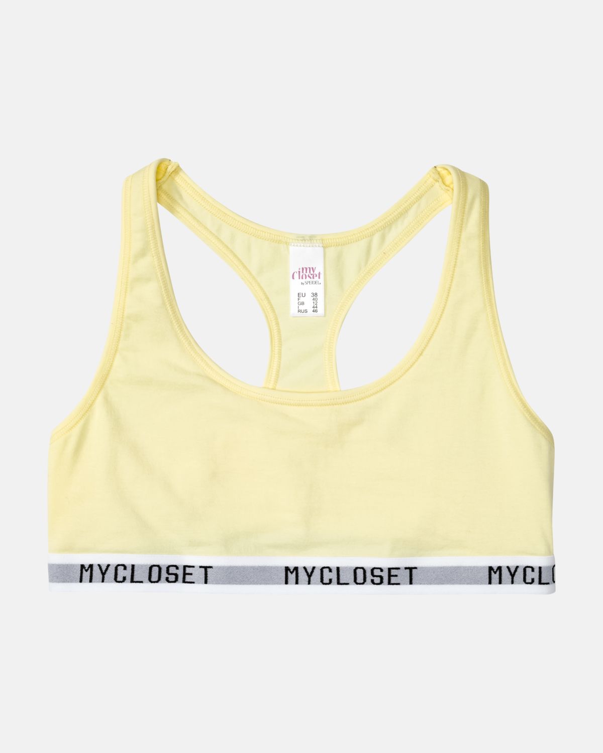 Bustier Racerback in zitrone aus der Serie Logo Lover, flach auf einer Oberfläche liegend.