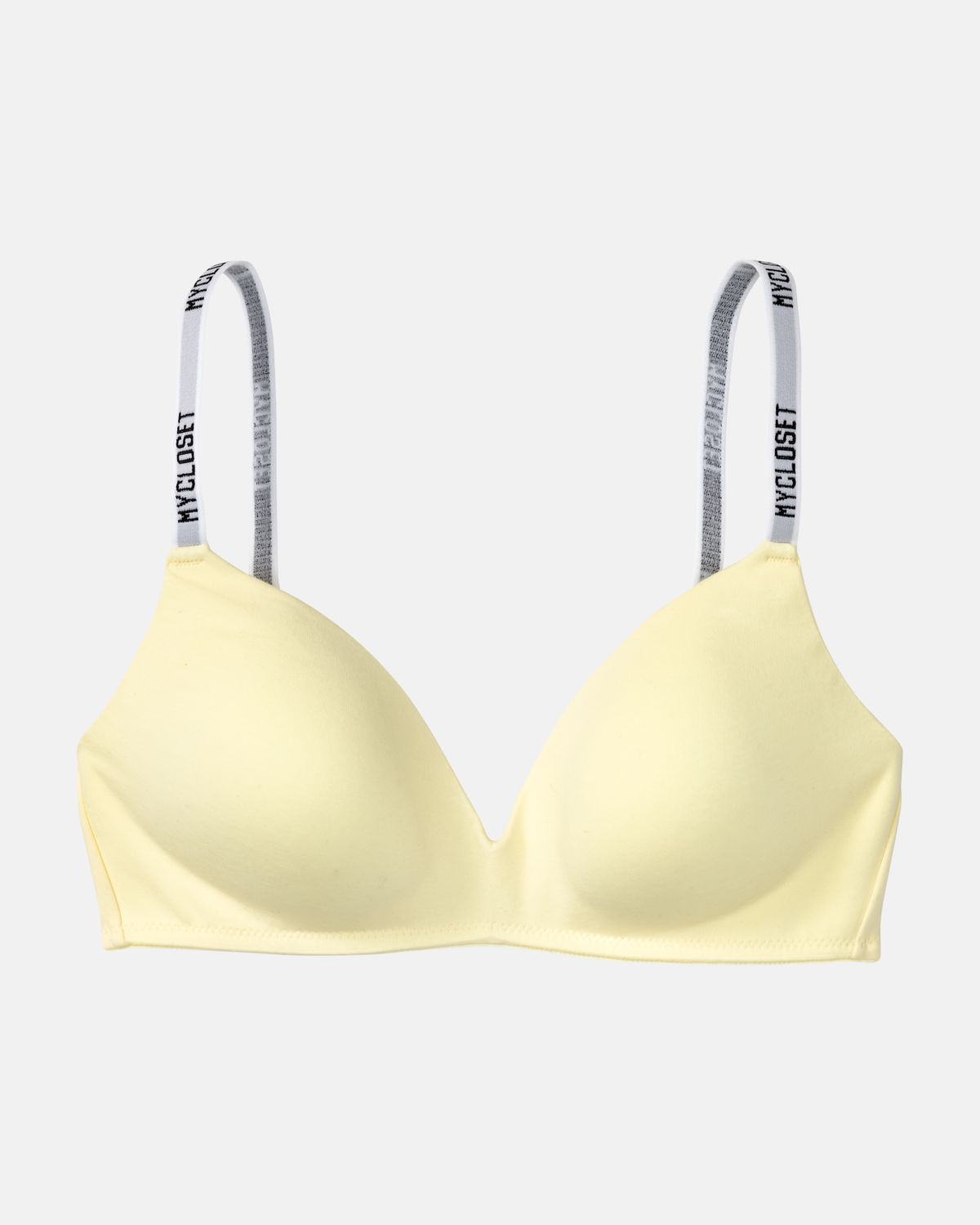 Schalen BH non wired in zitrone aus der Serie Logo Lover, flach auf einer Oberfläche liegend.