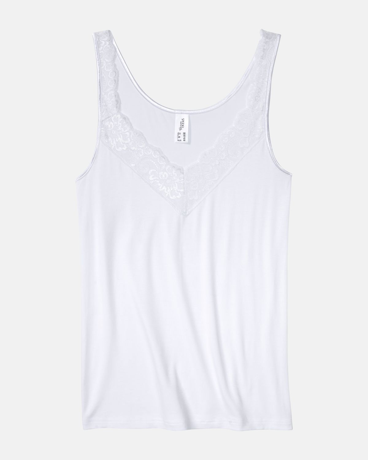 Achselhemd in weiß aus der Serie Sensuelle Lace, flach auf einer Oberfläche liegend.