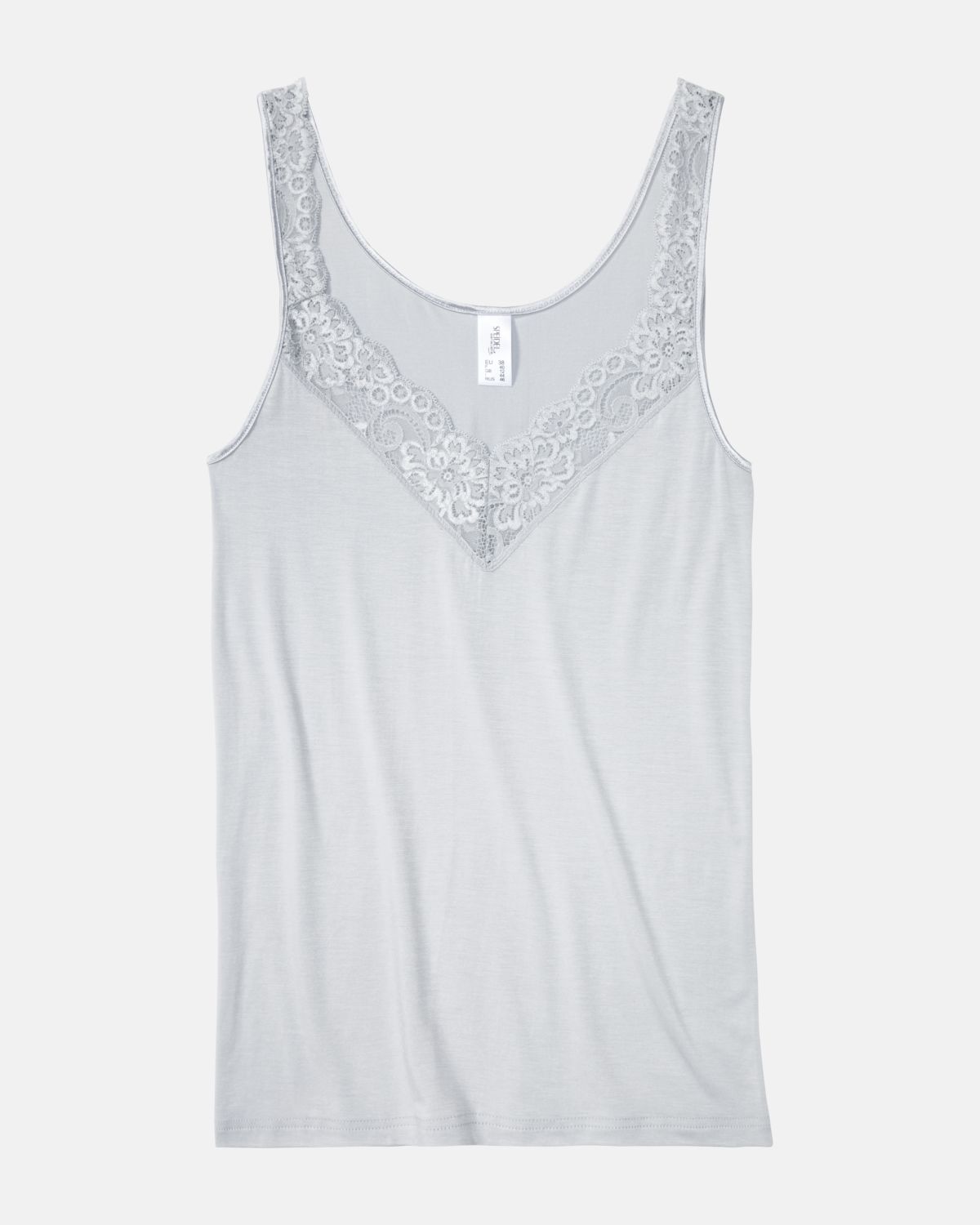 Achselhemd in silbergrau aus der Serie Sensuelle Lace, flach auf einer Oberfläche liegend.