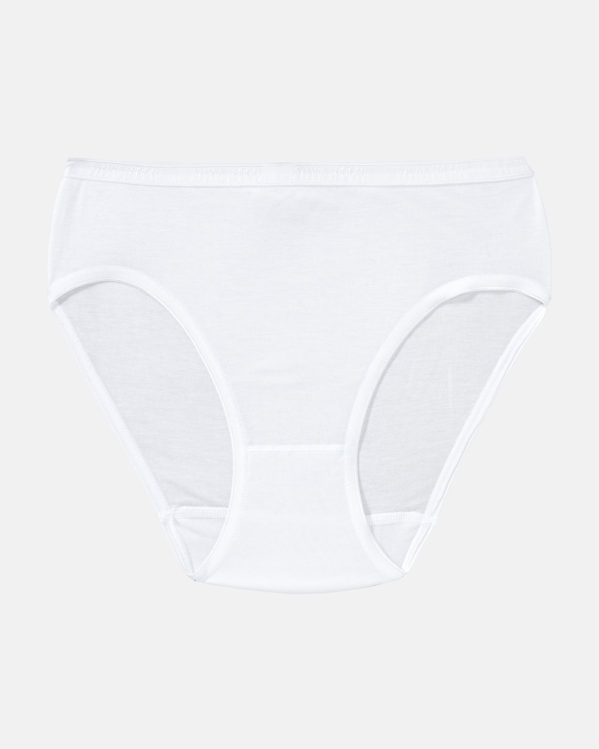 Hüftslip in weiß aus der Serie Sofia, flach auf einer Oberfläche liegend.