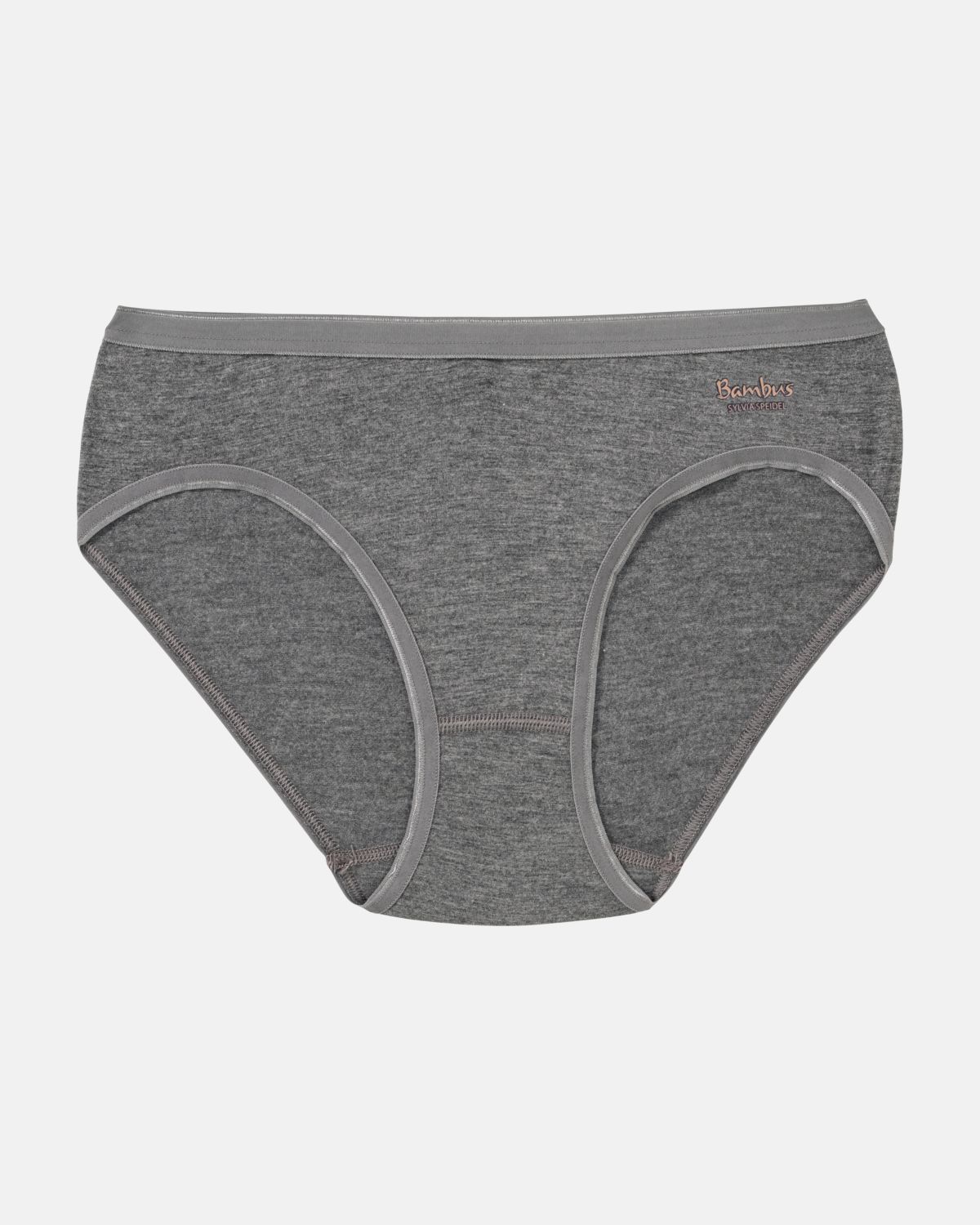 Minislip in grau mélé aus der Serie Swenja, flach auf einer Oberfläche liegend.