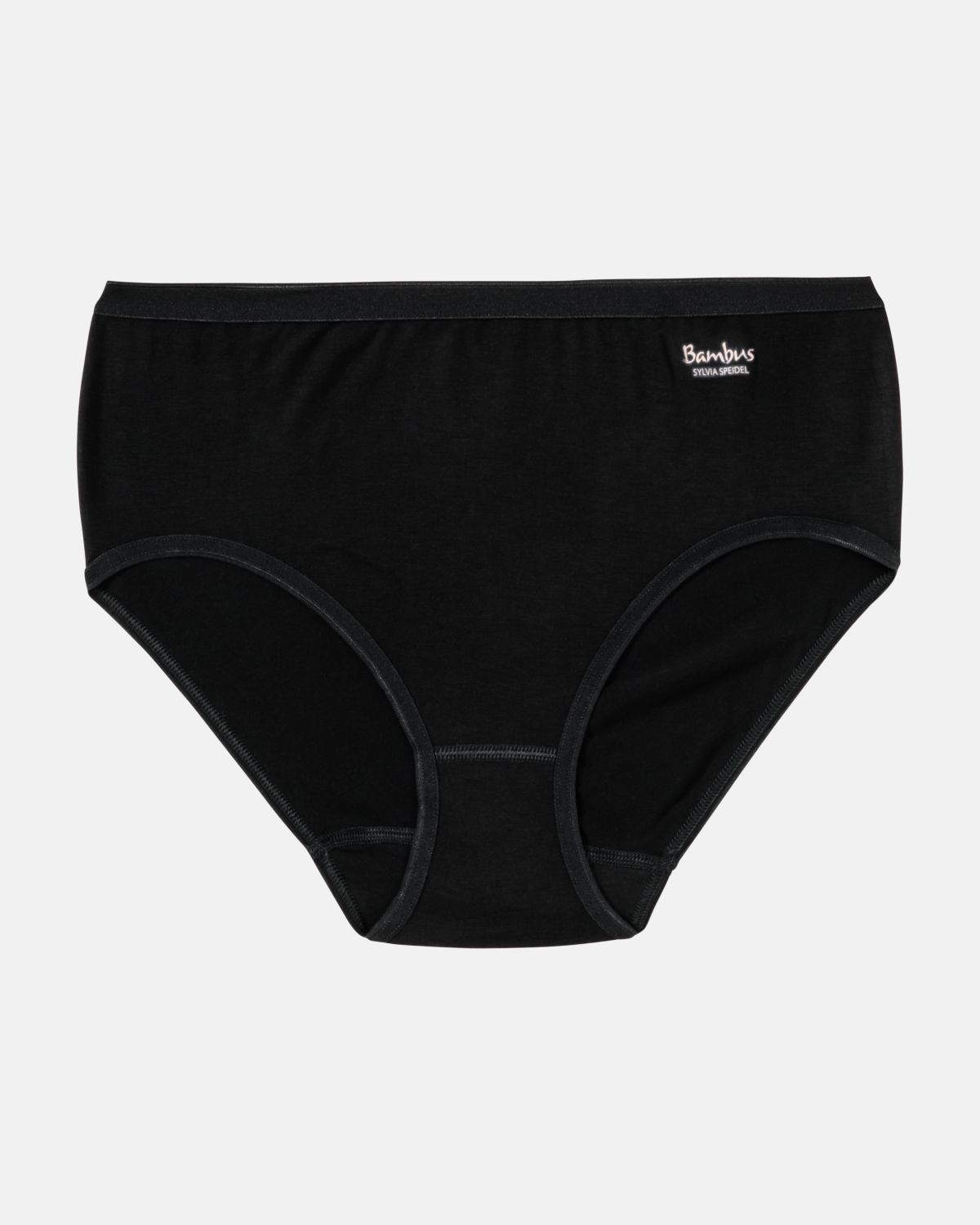 Midislip in schwarz aus der Serie Swenja, flach auf einer Oberfläche liegend.