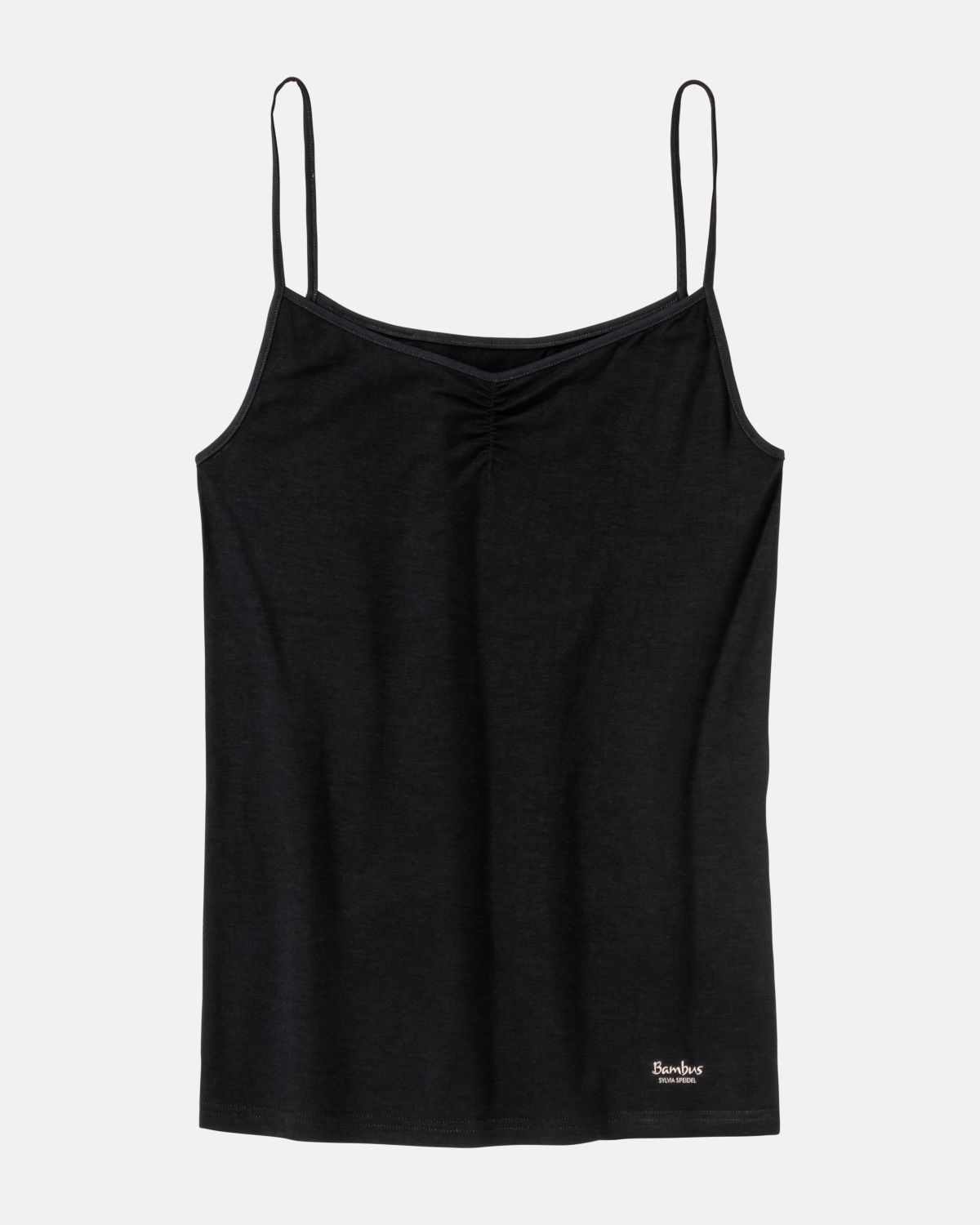 Hemd in schwarz aus der Serie Swenja, flach auf einer Oberfläche liegend.