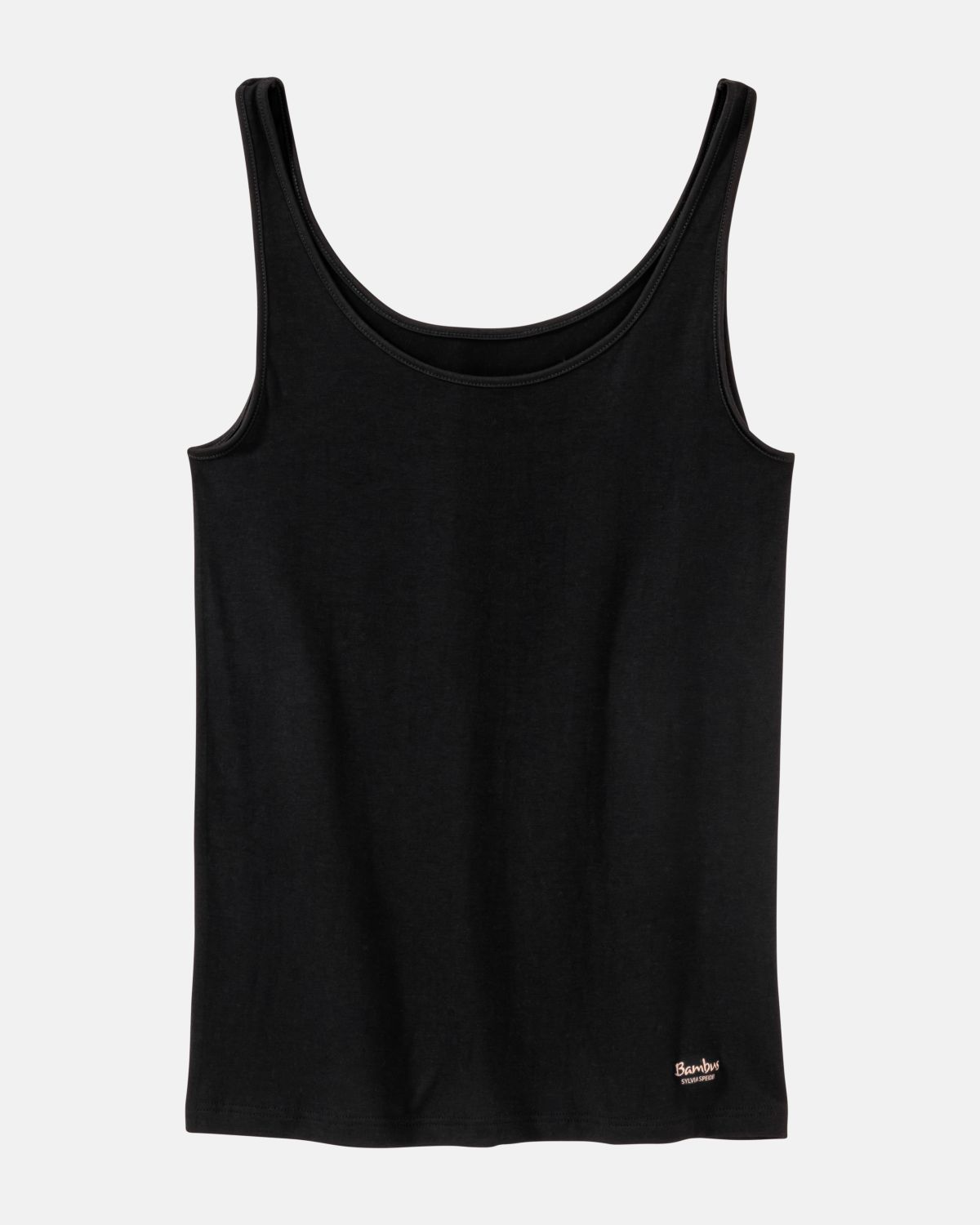 Achselhemd in schwarz aus der Serie Swenja, flach auf einer Oberfläche liegend.