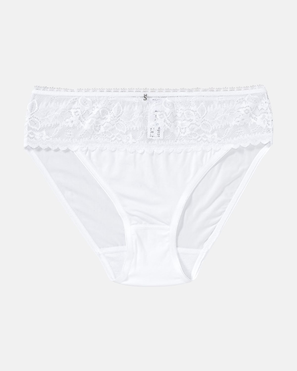 Bikinislip in weiß aus der Serie Silvana, flach auf einer Oberfläche liegend.