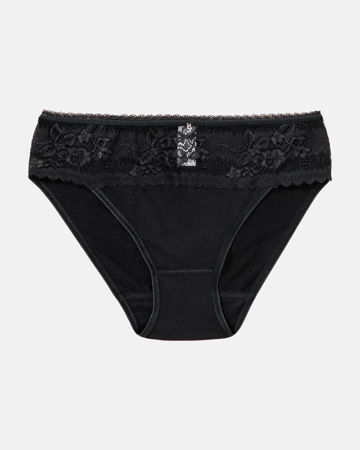 Bikinislip in schwarz aus der Serie Silvana, flach auf einer Oberfläche liegend.