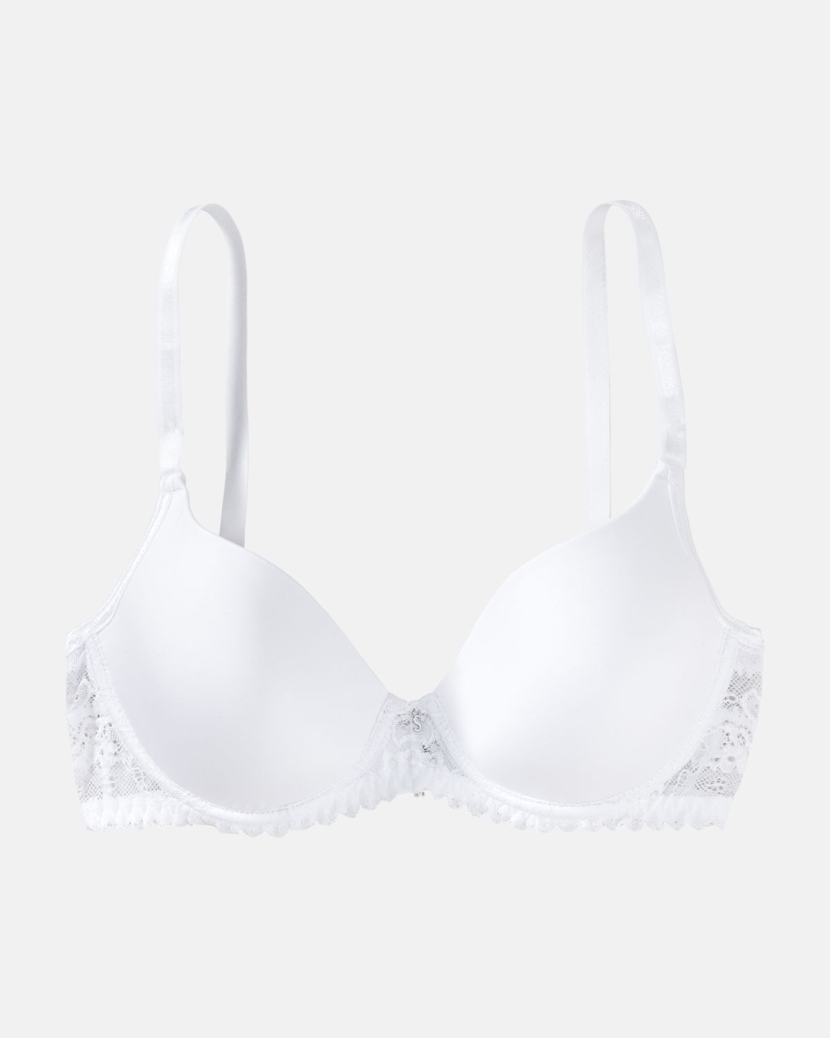 Schalen BH mit Bügel in weiß aus der Serie Silvana, flach auf einer Oberfläche liegend.
