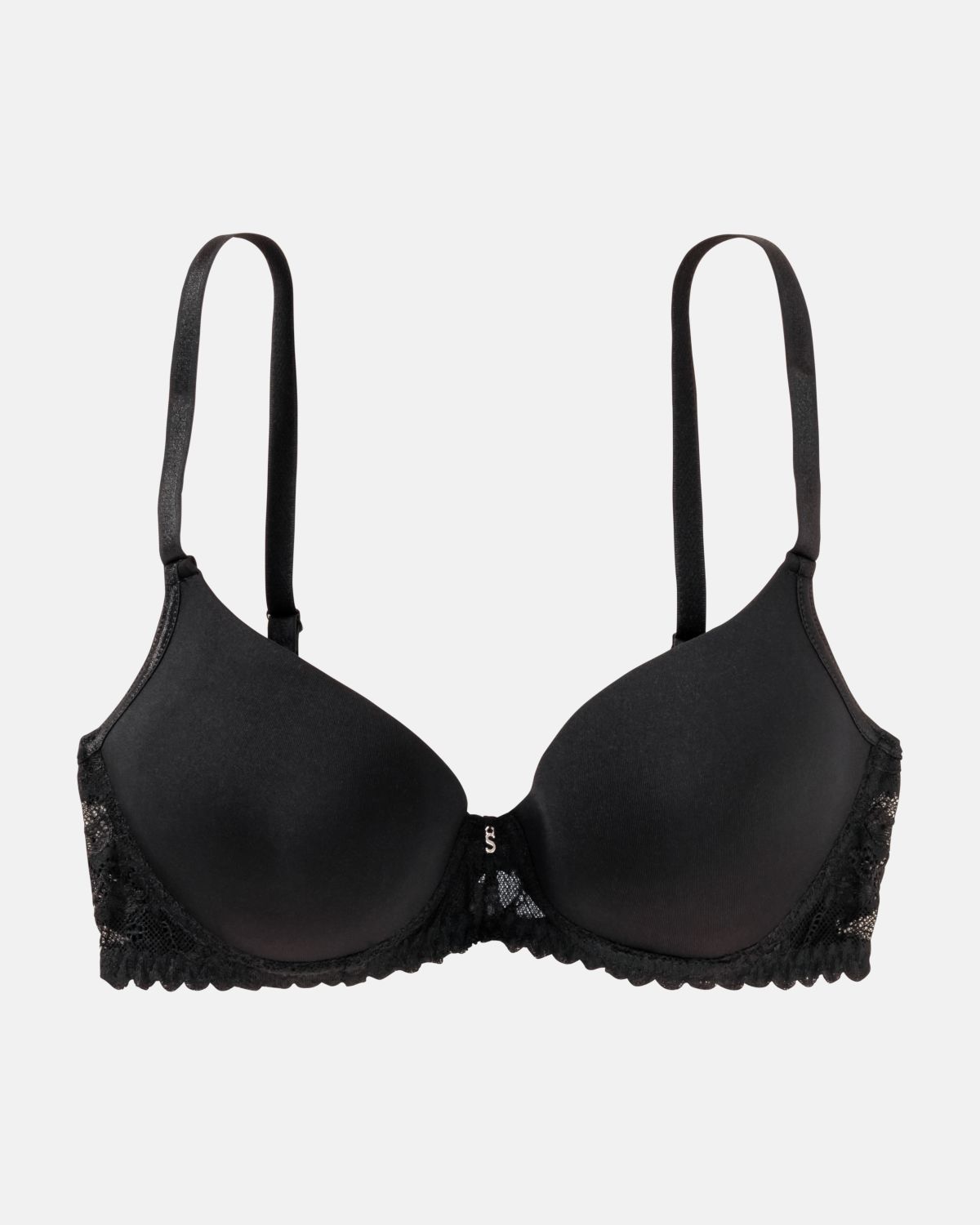 Schalen BH mit Bügel in schwarz aus der Serie Silvana, flach auf einer Oberfläche liegend.