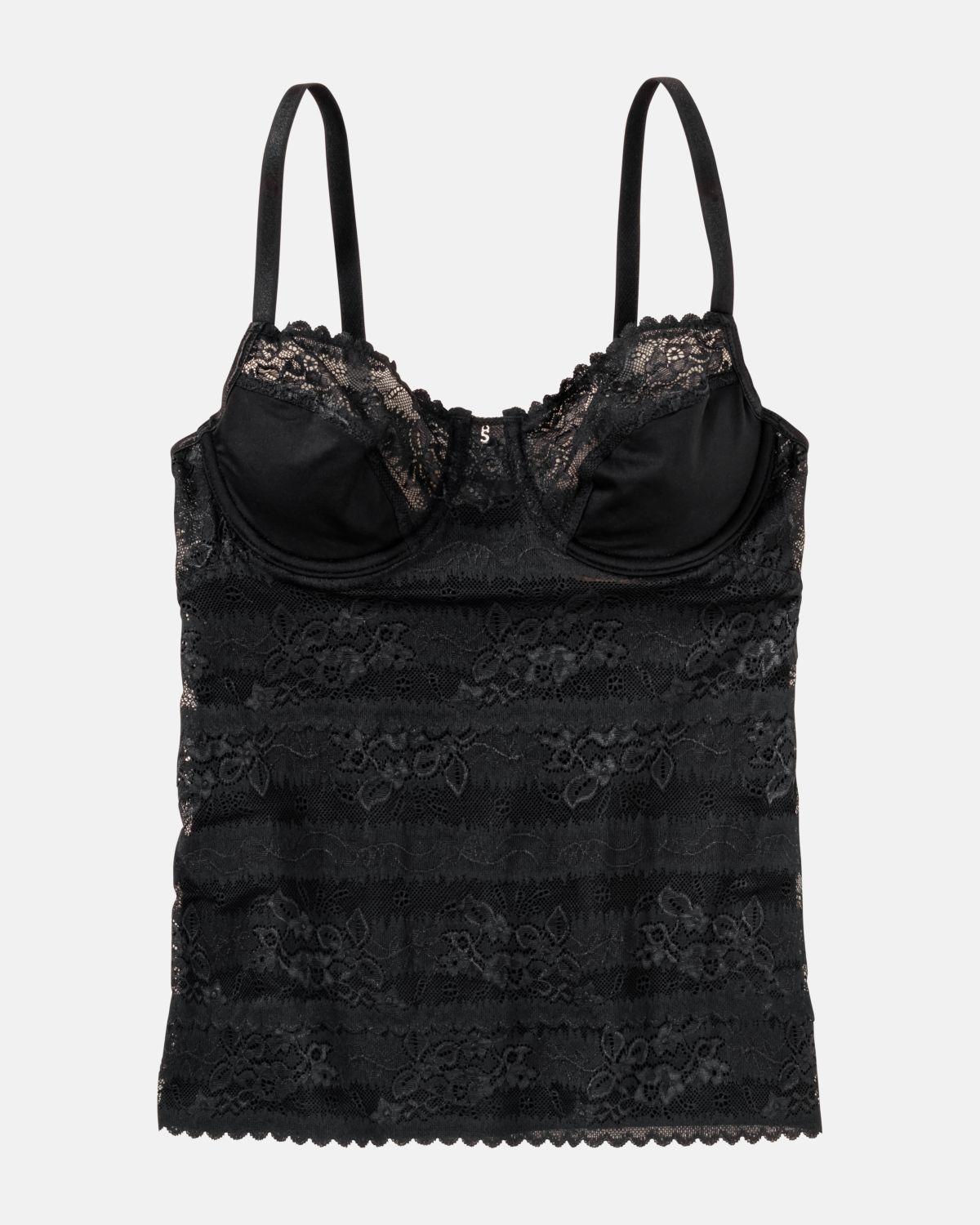 Bügel BH Hemd in schwarz aus der Serie Silvana, flach auf einer Oberfläche liegend.