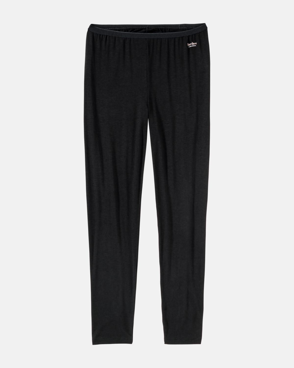 Lange Hose in schwarz aus der Serie Swenja, flach auf einer Oberfläche liegend.