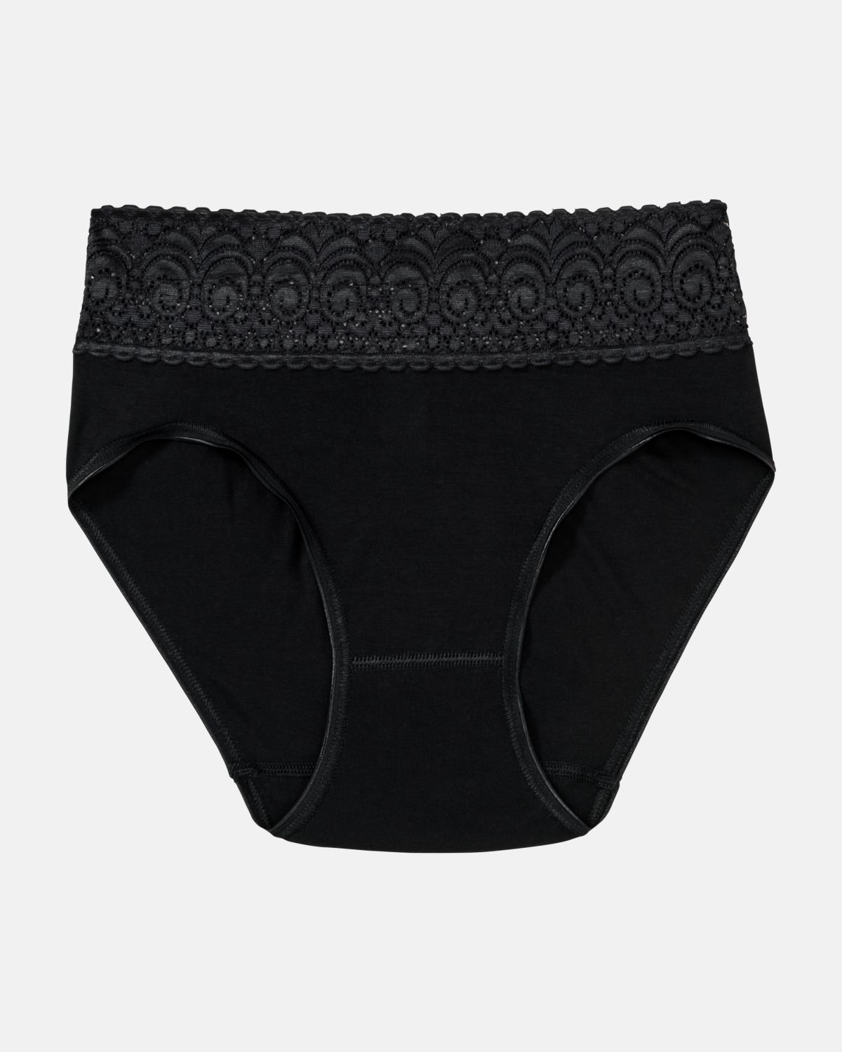 Midislip in schwarz aus der Serie Sofia Lace, flach auf einer Oberfläche liegend.