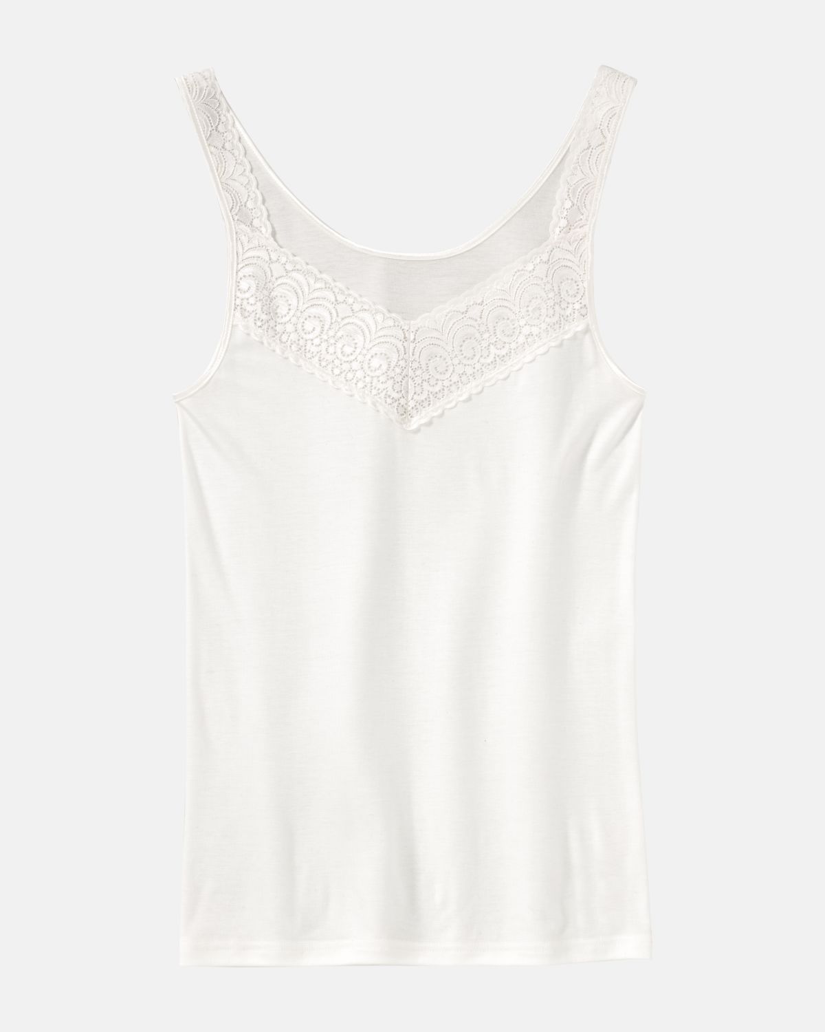 Achselhemd in elfenbein aus der Serie Sofia Lace, flach auf einer Oberfläche liegend.